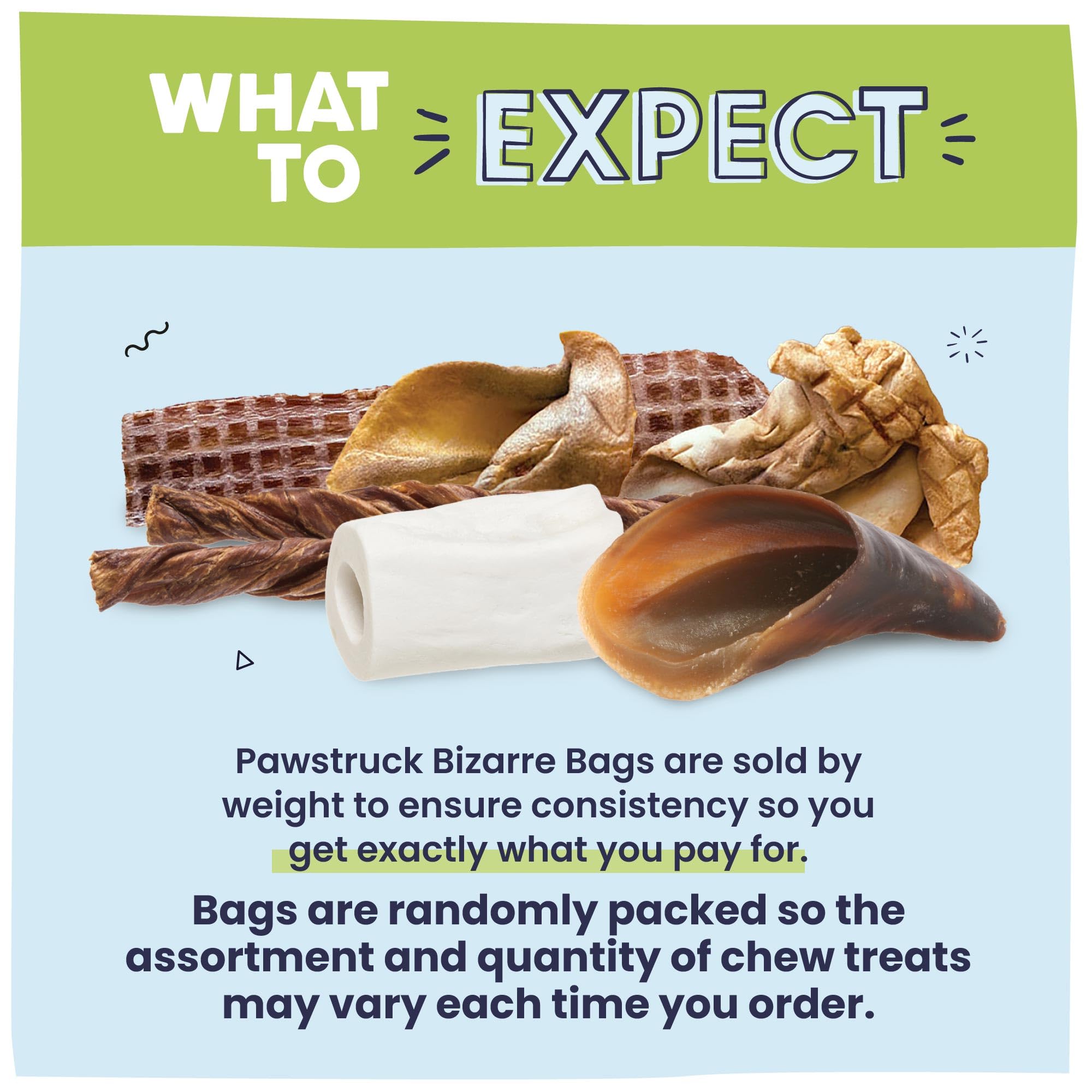 Pawstruck Bizarre Bargain Bag dental chews image hints at tartar-control benefits through chewing.