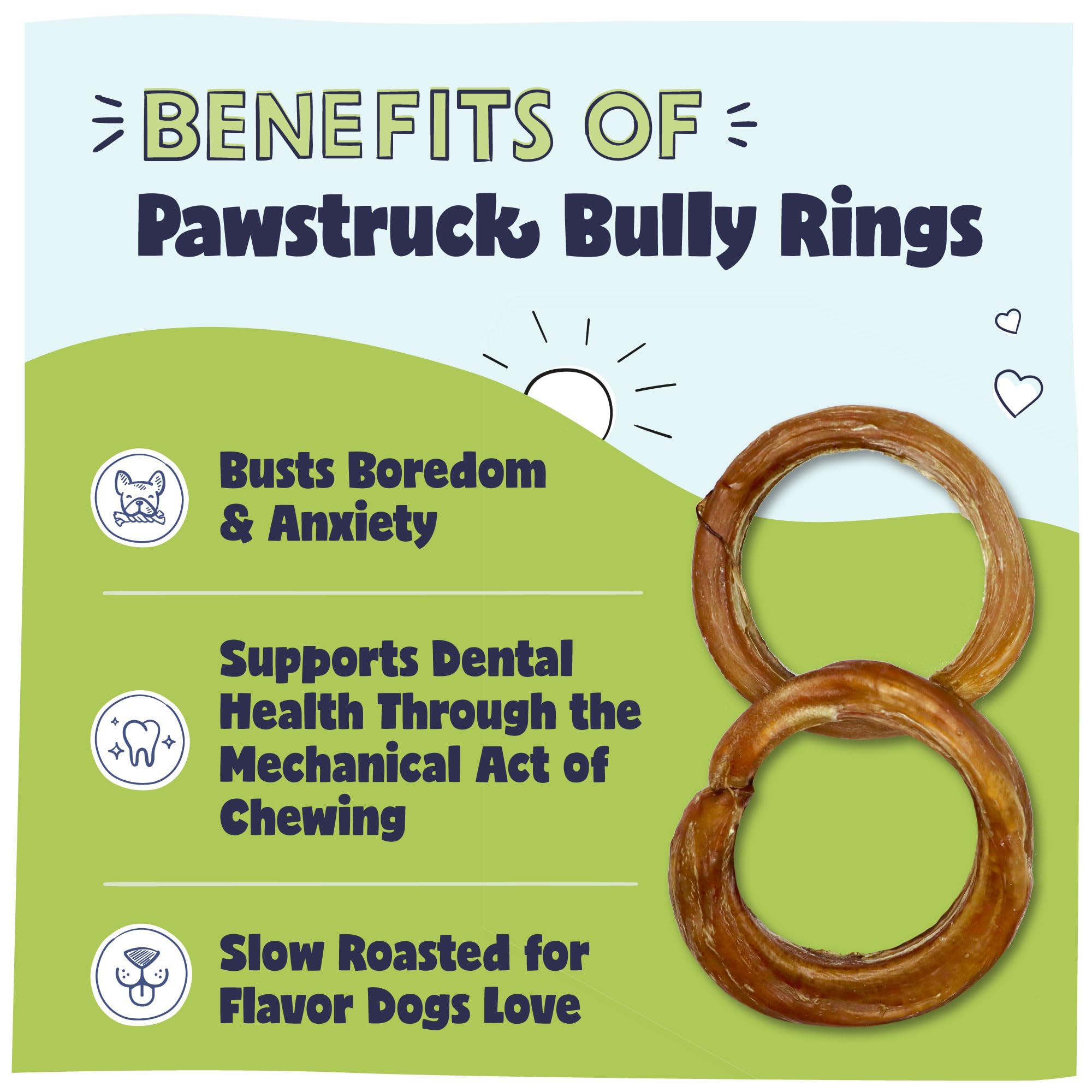 Pawstruck bully stick rings closeup beef pizzle indicates natural single-ingredient chew.
