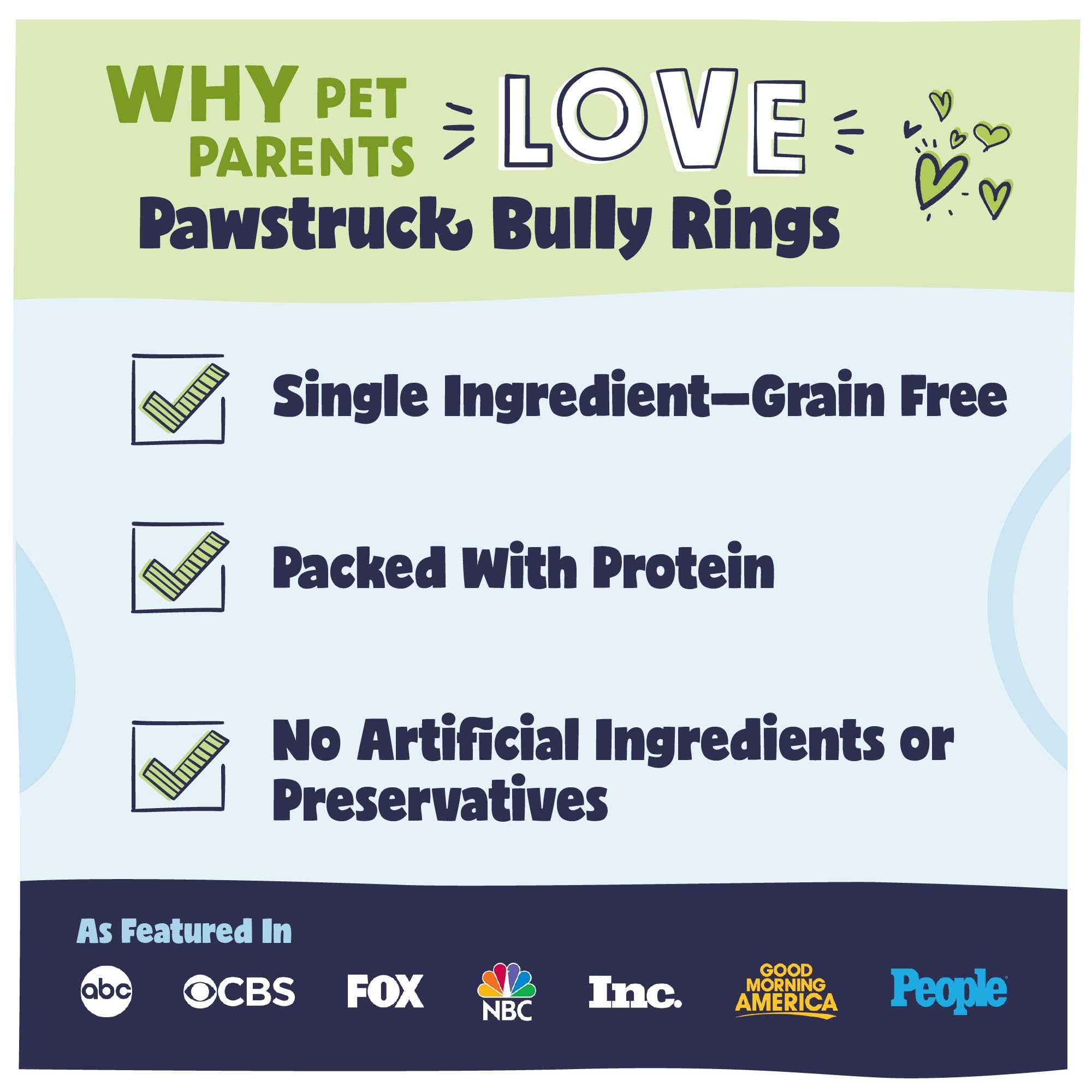 Pawstruck bully stick rings dog chewing action demonstrates long-lasting engagement.