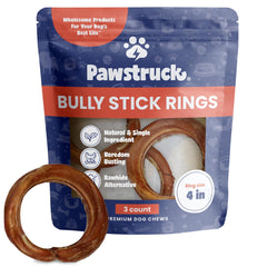 Pawstruck bully stick rings packaging variation highlights premium rawhide-free dog chew.