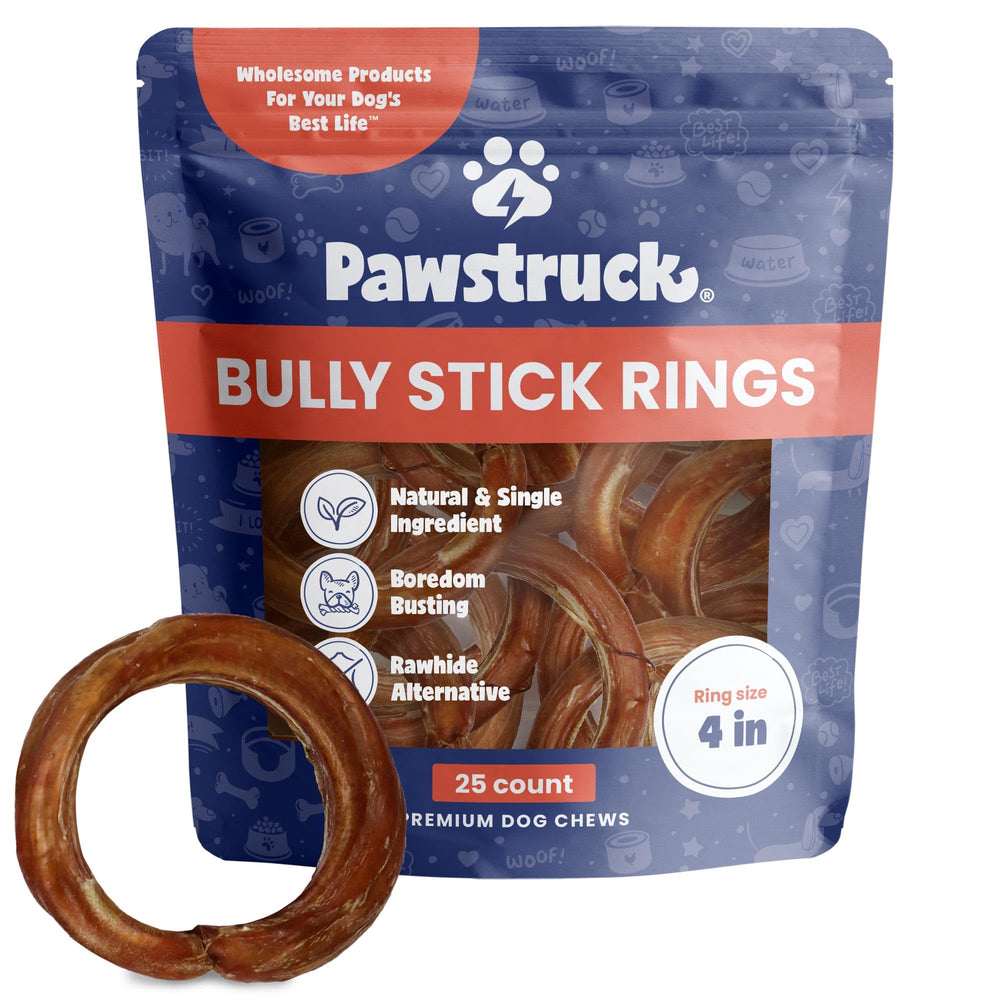 Pawstruck bully stick rings whole product view, rawhide-free beef chew.