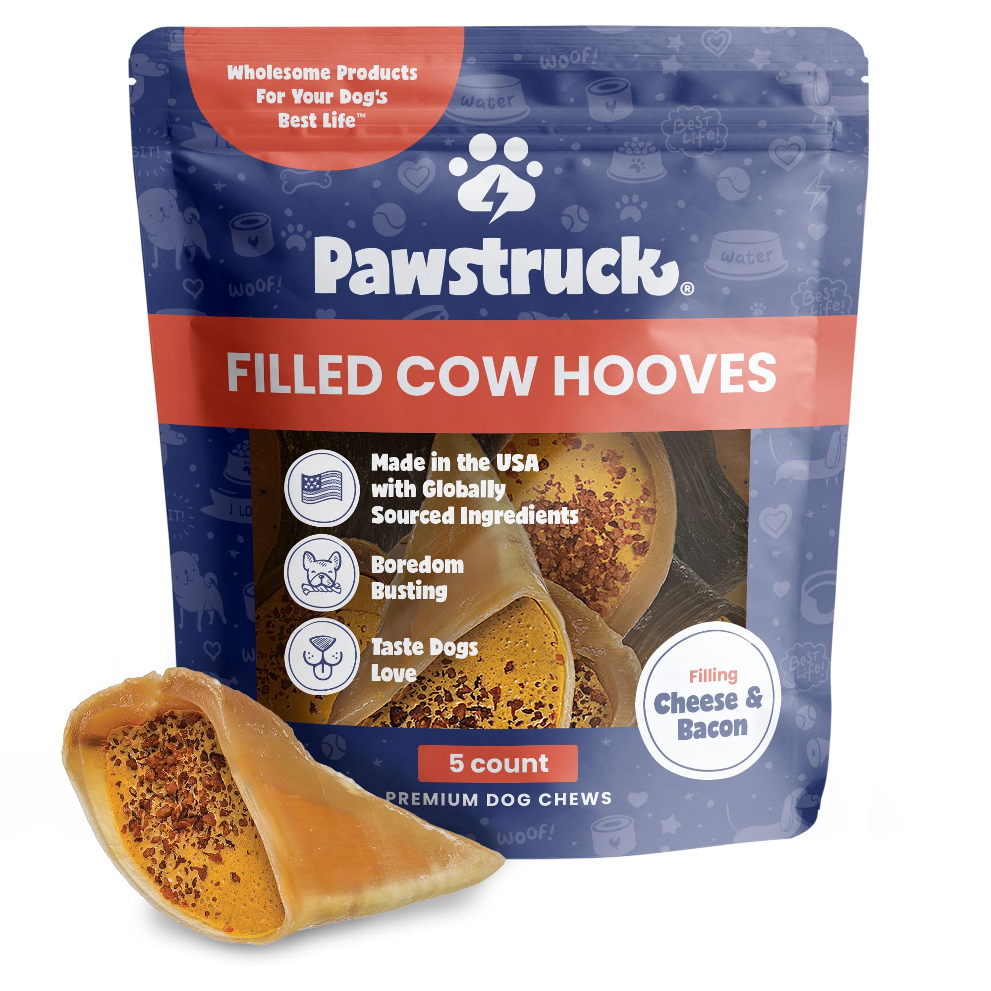 Pawstruck cheese-bacon filled cow hooves front view showing large, durable chew.