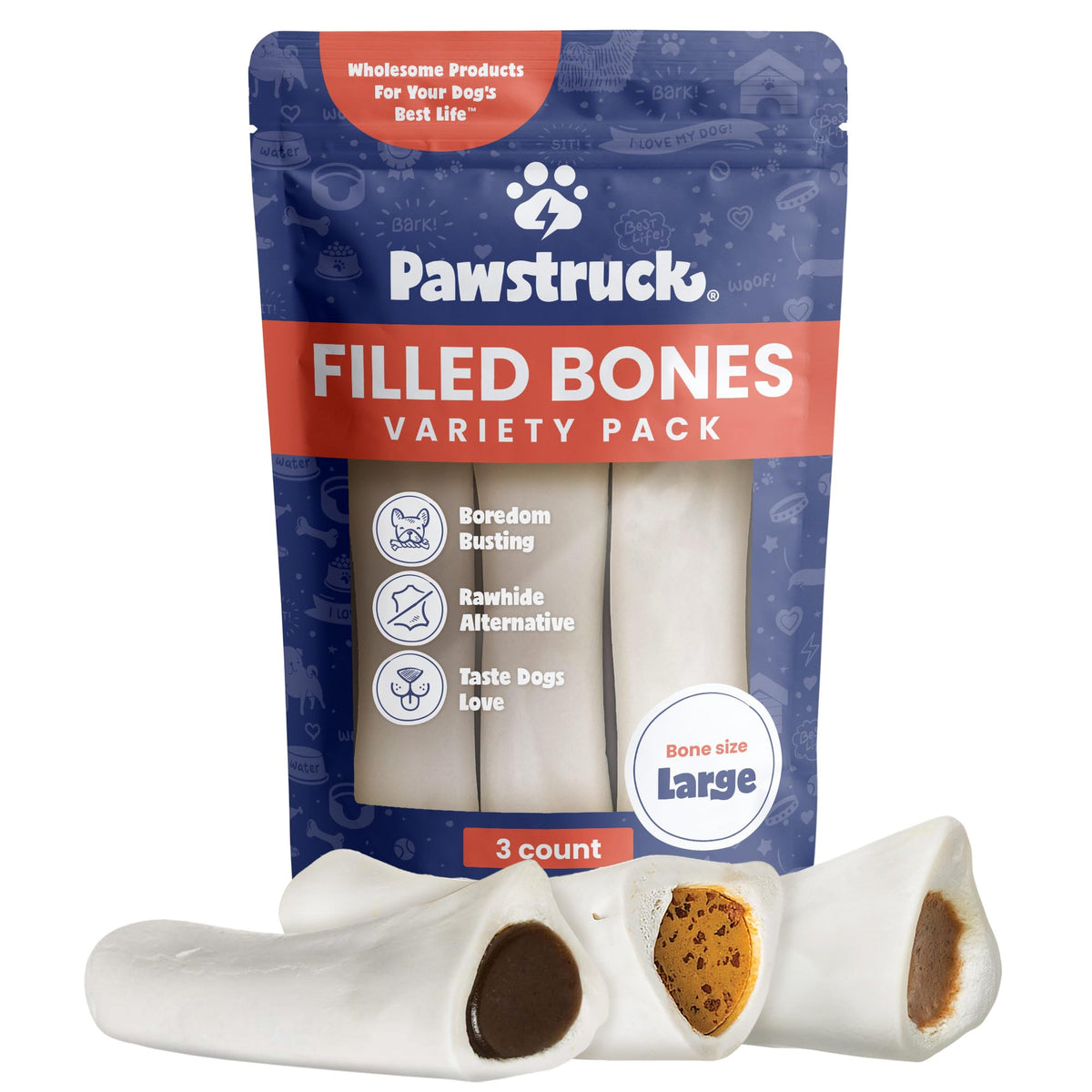 Pawstruck filled-dog-bones-peanut-butter offers a long-lasting chew for aggressive chewers.