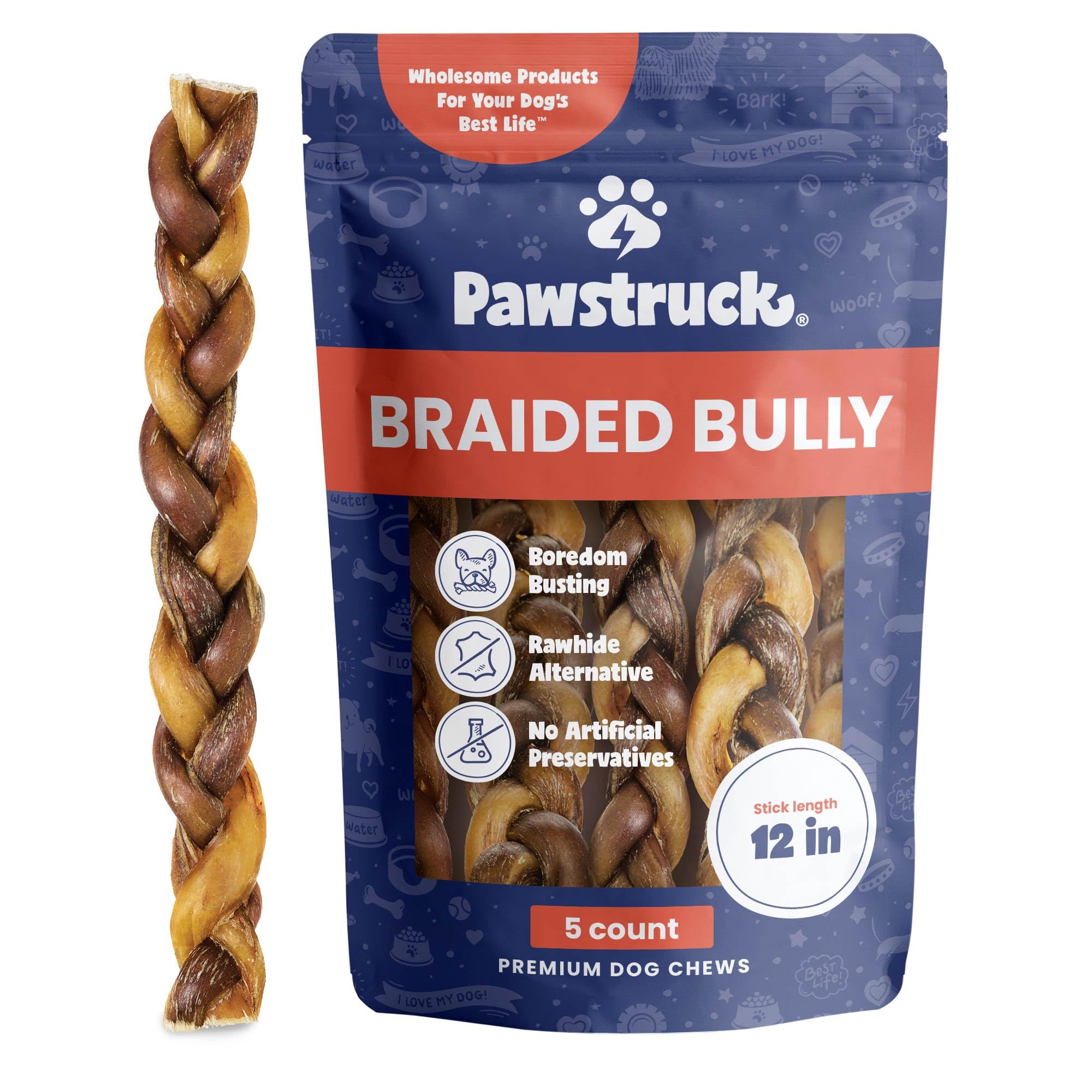 Pawstruck natural 12 braided bully sticks packaging shows durable chew for long-lasting entertainment.