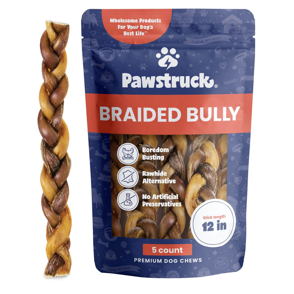 Pawstruck natural 12 braided bully sticks packaging shows durable chew for long-lasting entertainment.