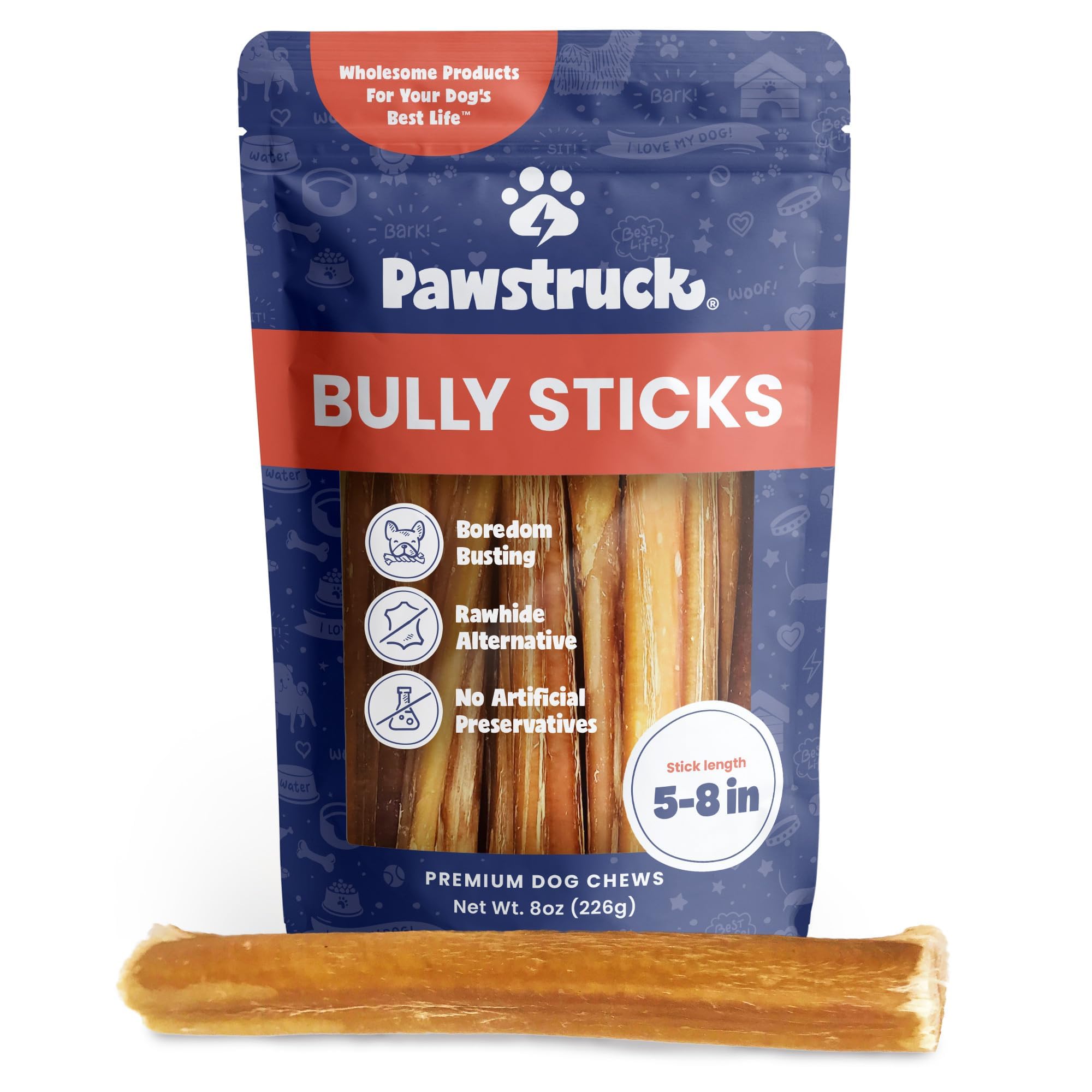 Pawstruck Natural 5-8in bully sticks bag – long-lasting beef chew for dogs