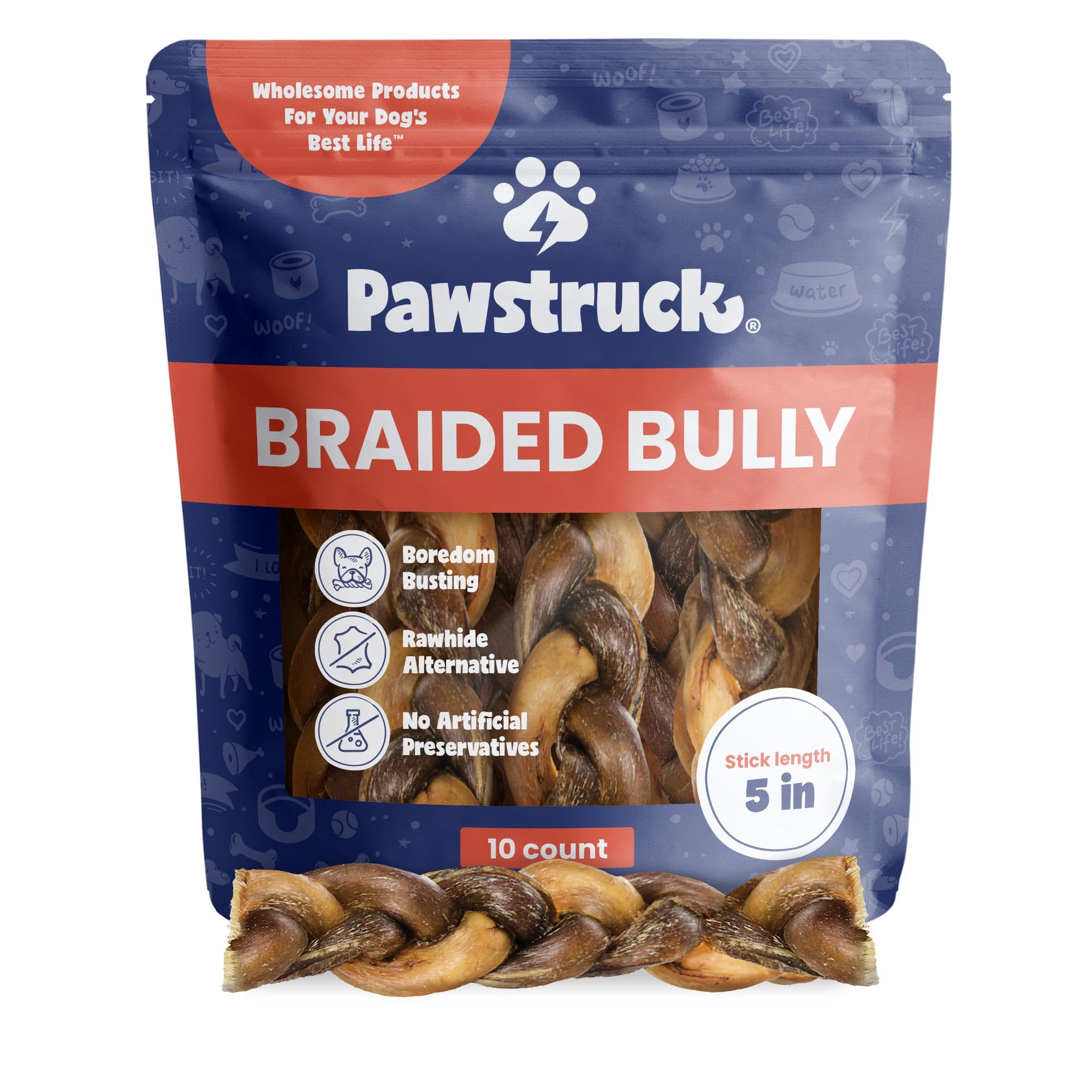 Pawstruck Natural 5in braided bully stick packaging; durable rawhide-free dog chew for long-lasting engagement