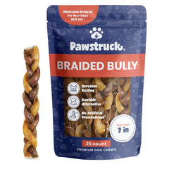 Pawstruck Natural 7-inch braided bully sticks packaging shows a 25-count bag for long-lasting chew
