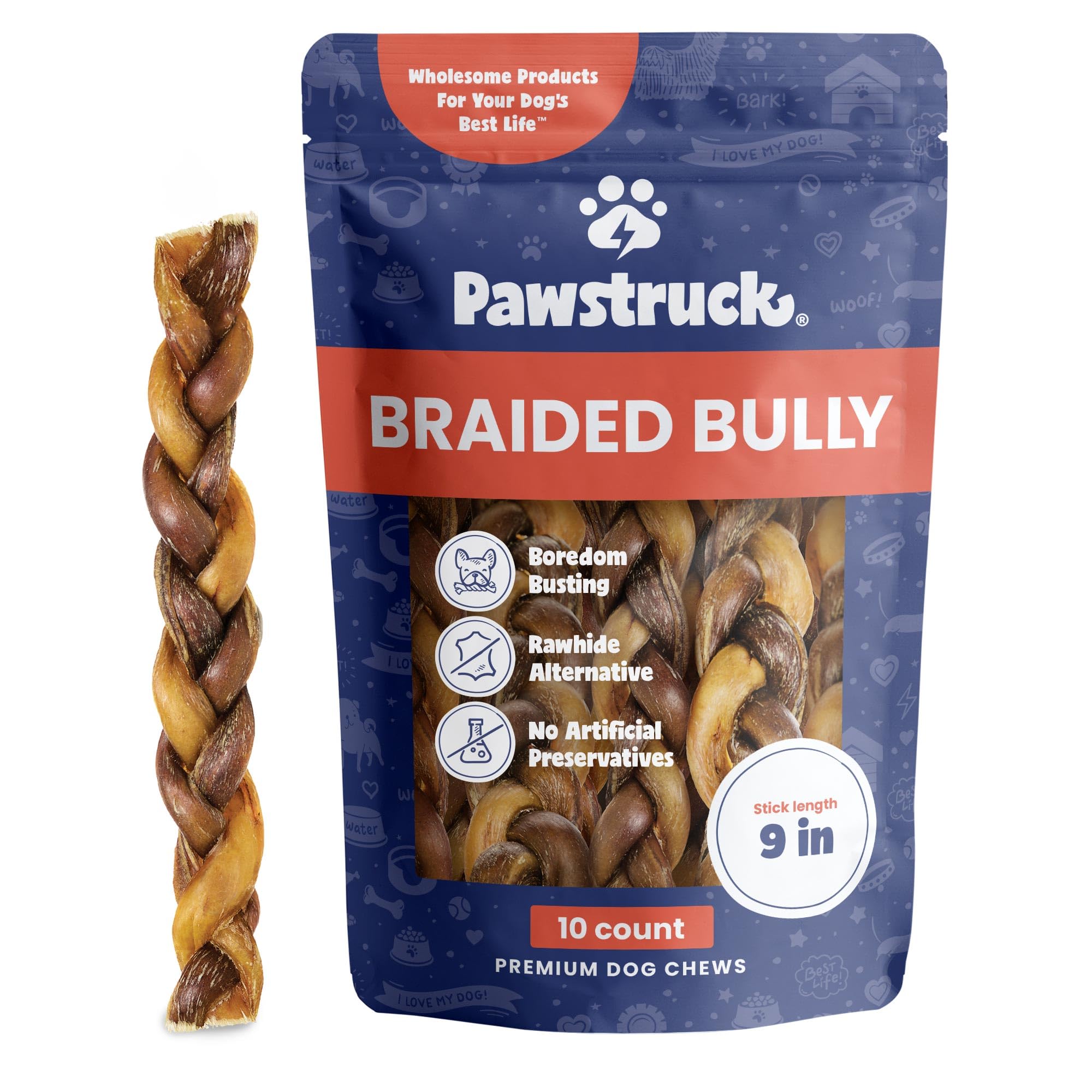 Pawstruck natural 9-inch braided bully stick shows packaging variation and durability.