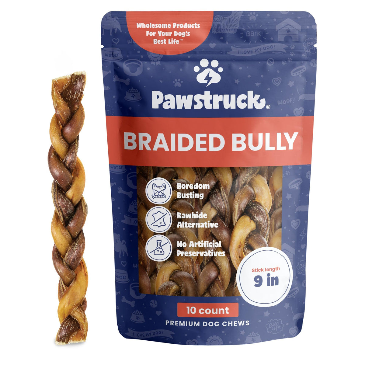 Pawstruck natural 9-inch braided bully stick shows packaging variation and durability.
