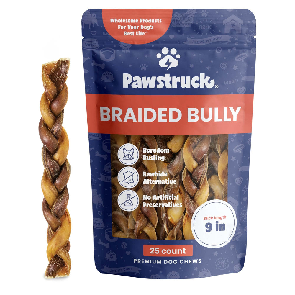 Pawstruck Natural 9-inch braided bully sticks packaging shows durability for tough chewers.