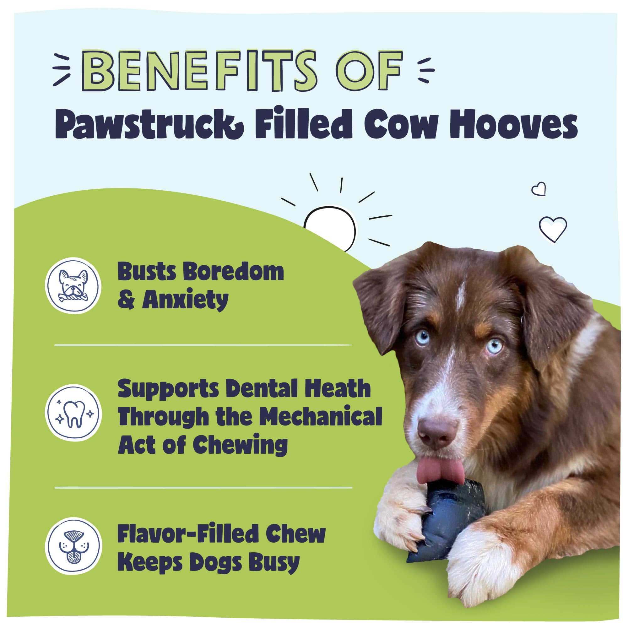 Pawstruck peanut butter filled cow hooves packaging bag shows long-lasting chew.