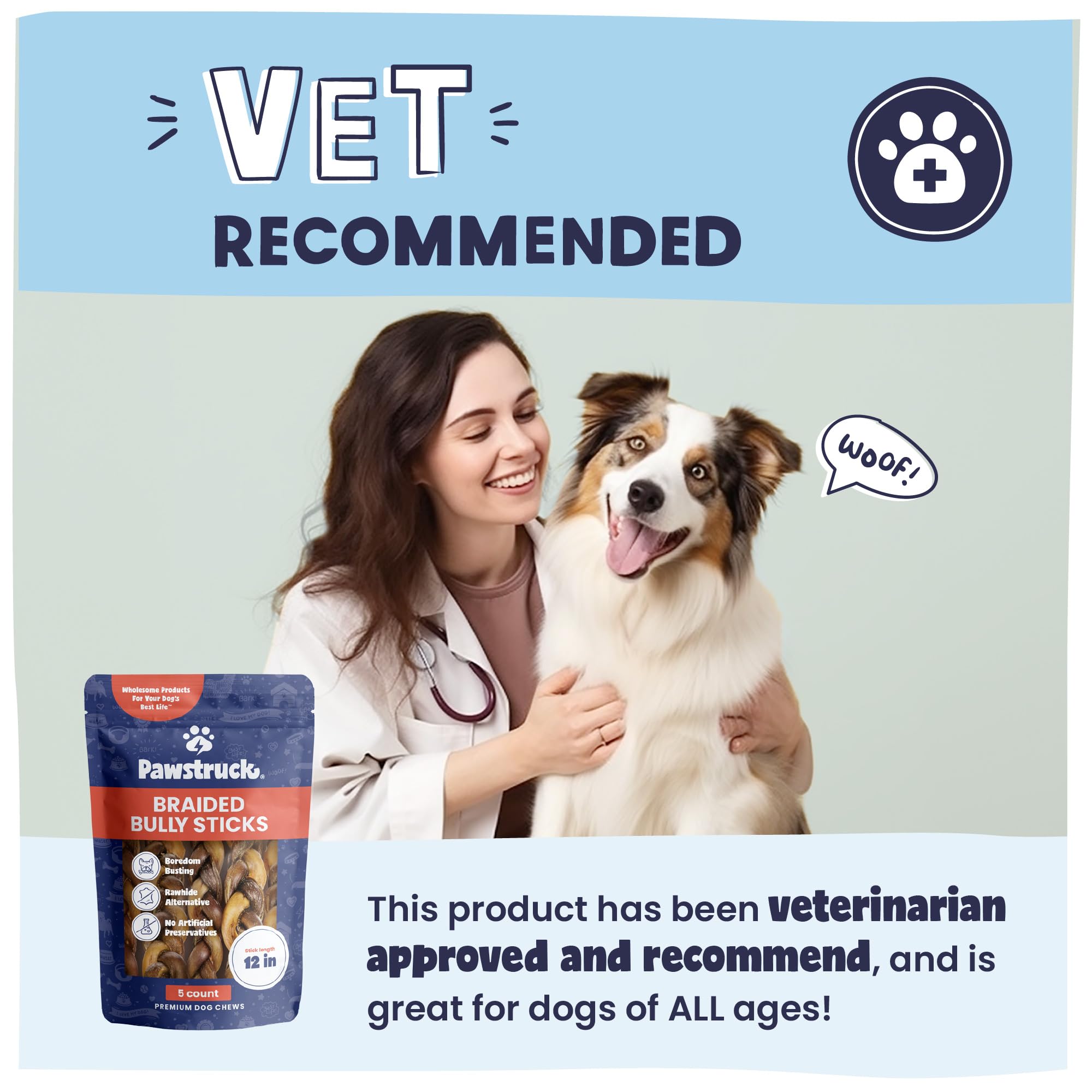 Pawstruck rawhide-free bully stick label signals a safe single-ingredient chew.