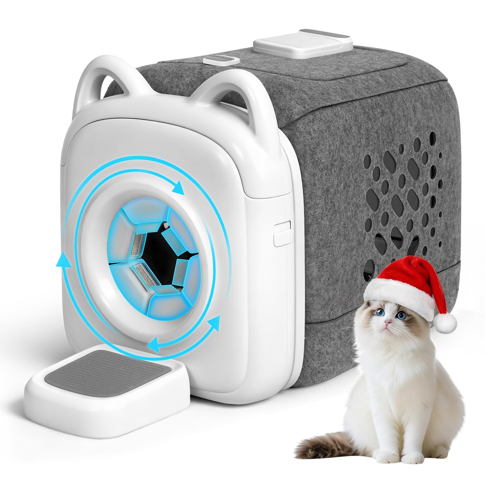 PawSwing automatic self-groomer box setup shows hands-free grooming for multiple cats