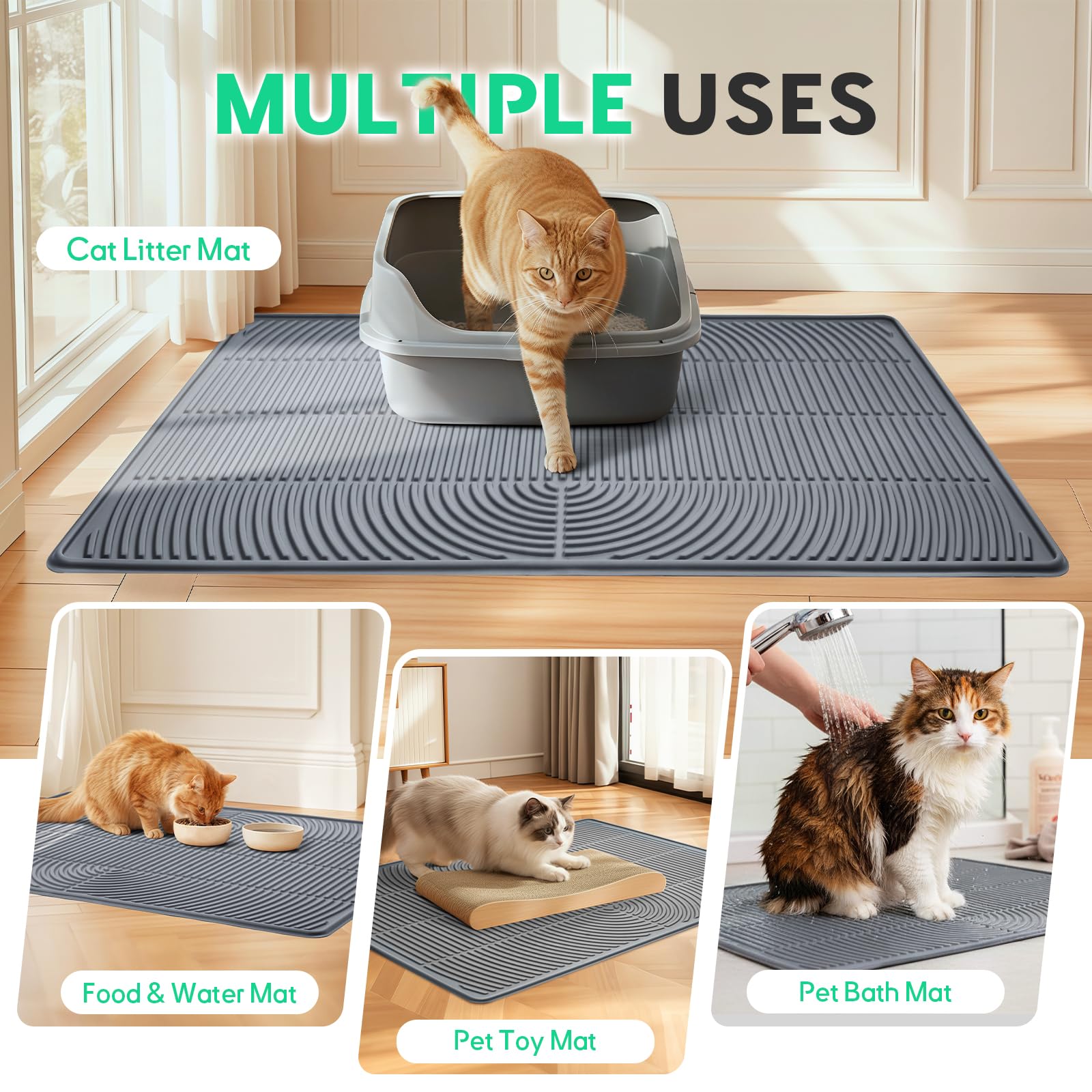 Pawtasy multifunction cat litter mat doubles as feeding or paw-cleaning mat.