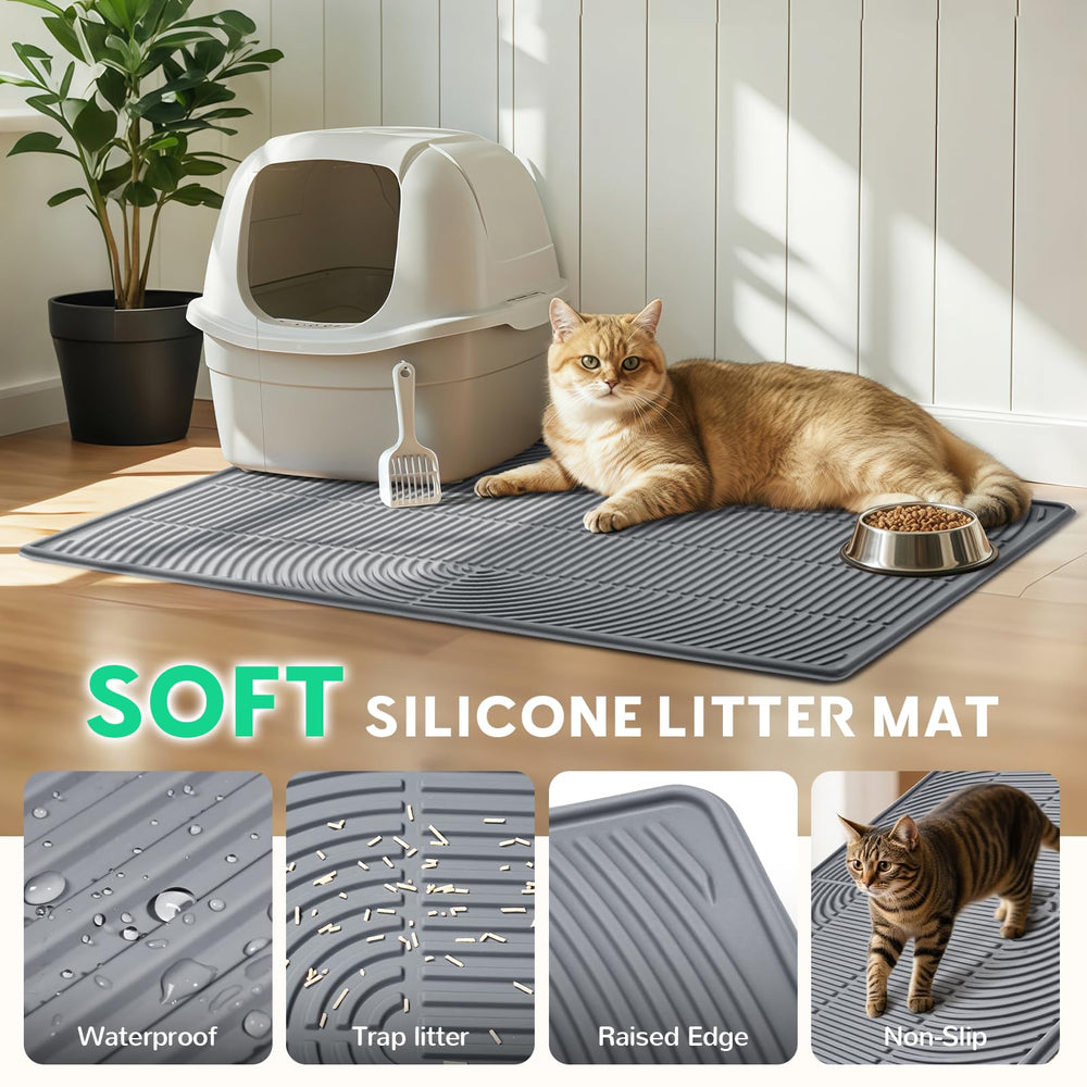 Pawtasy waterproof litter mat with border contains spills effectively.