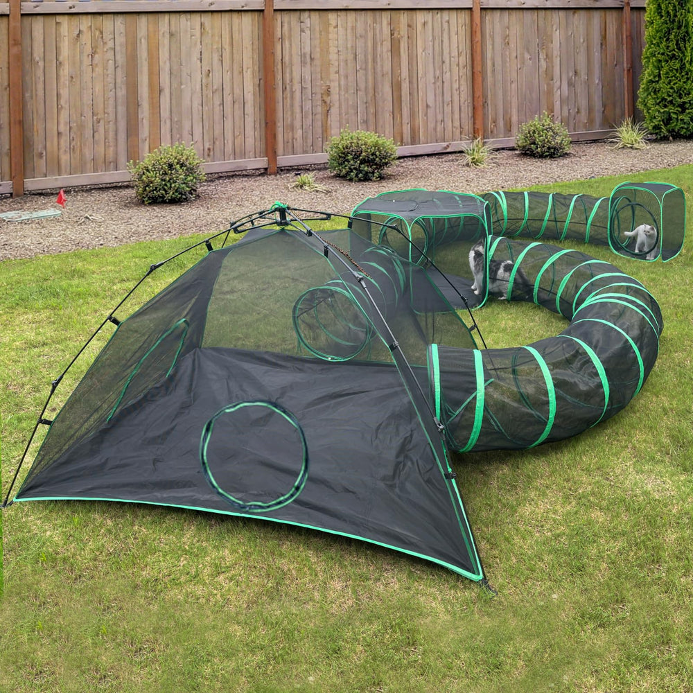 Pawtenda outdoor cat camp tents setup in backyard for safe exploration