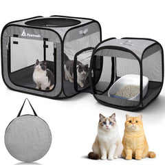 Pawtenda portable cat playpen folded setup for easy transport and storage.