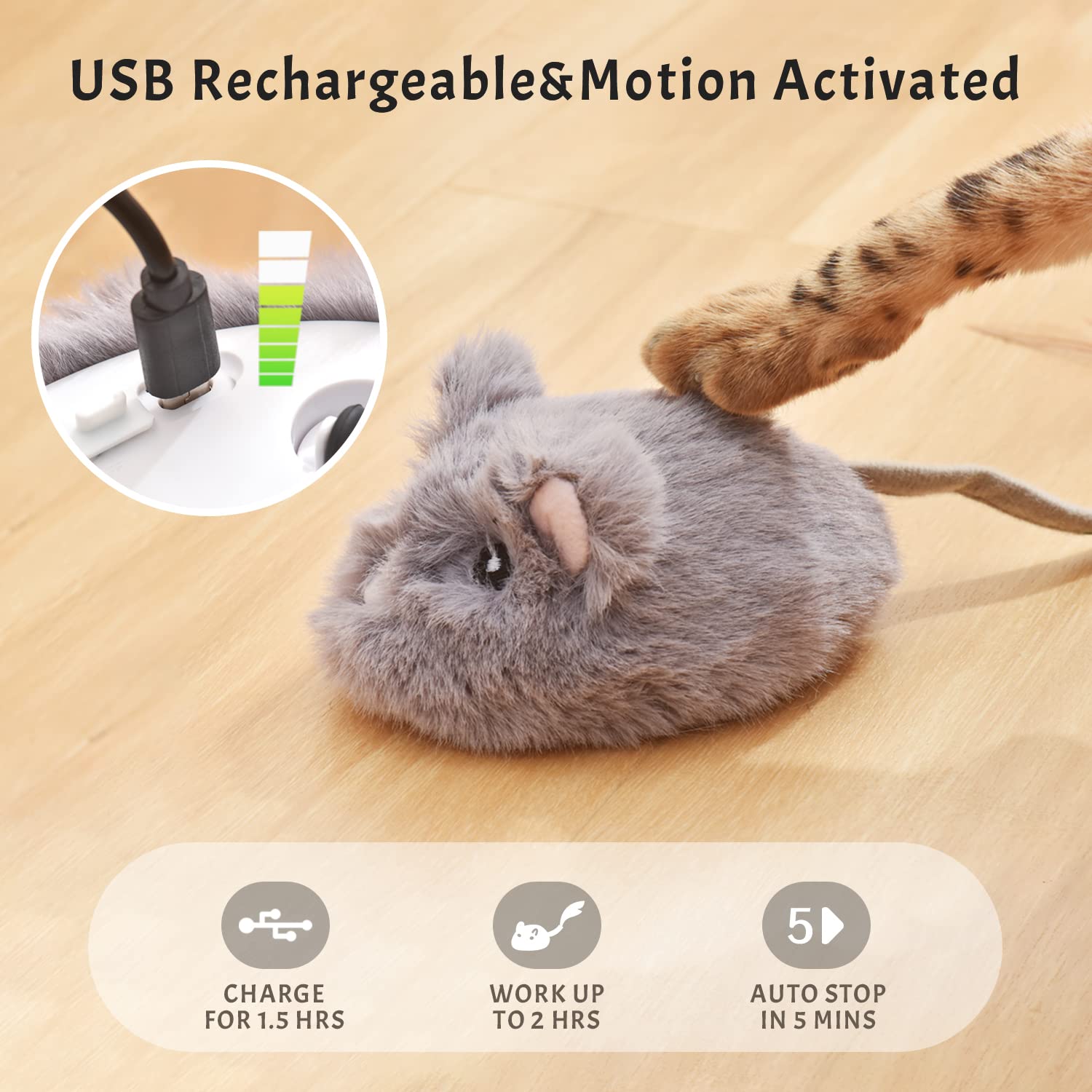 Pawthquake cat mouse toy in action promotes hunting-like exercise.