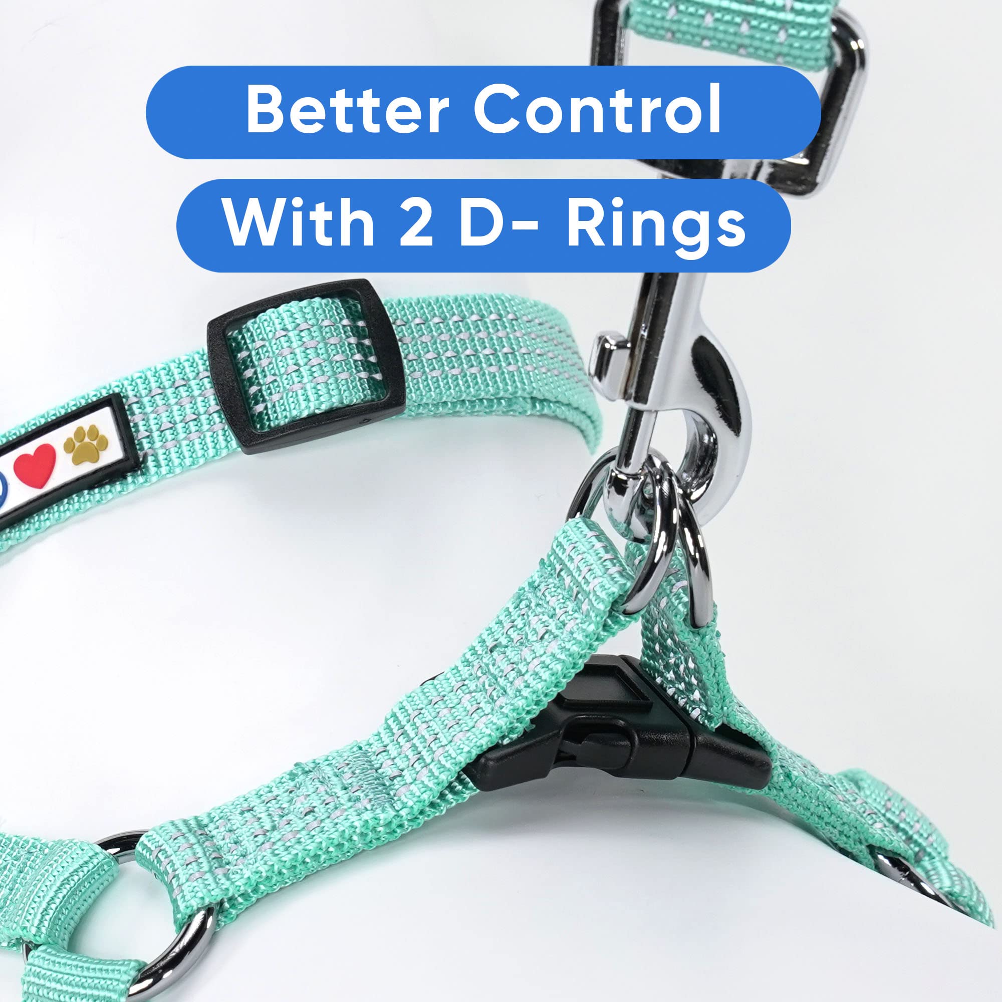 Pawtitas Reflective Step-in Dog Harness teal close-up reflective strip emphasizes high-visibility stitching.