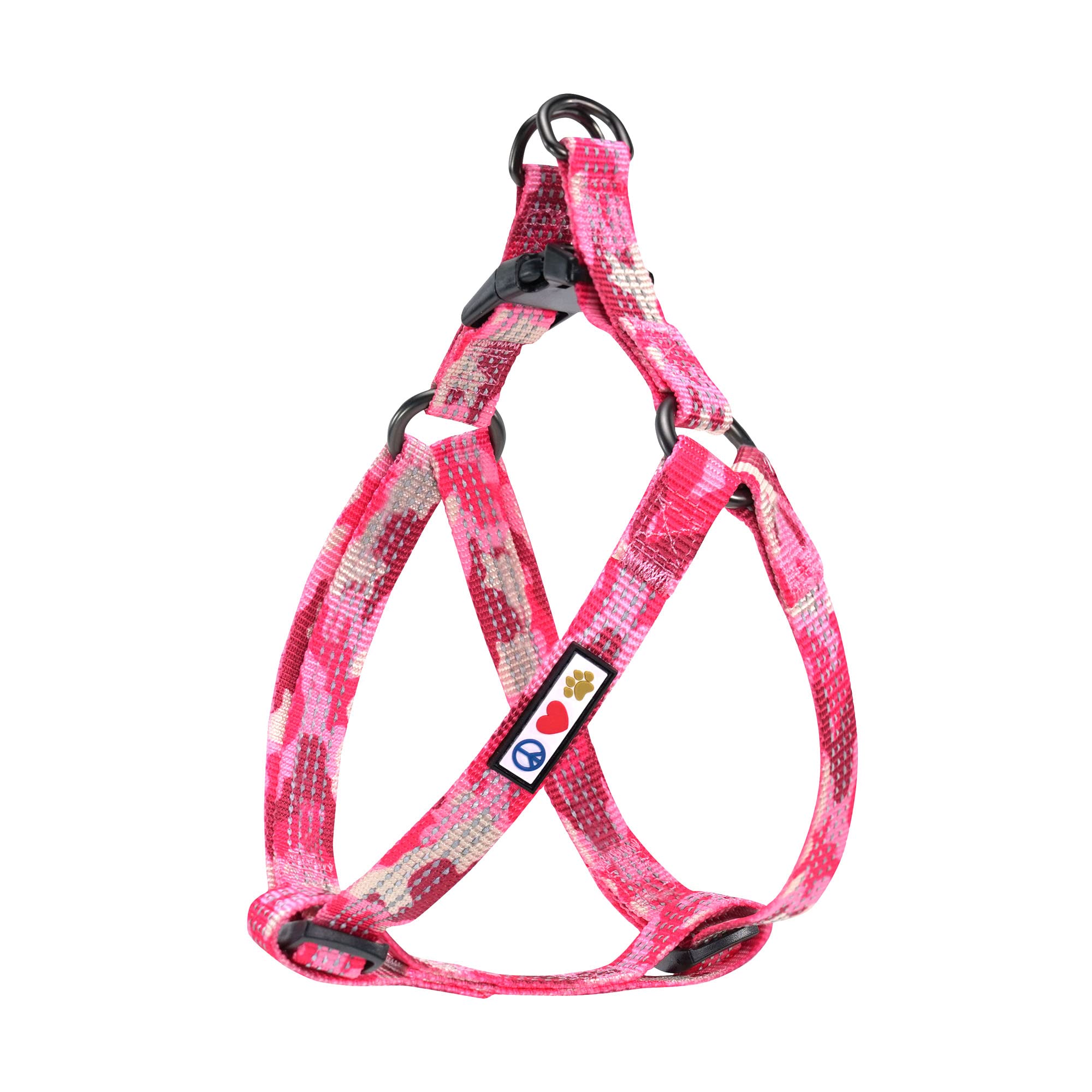Pawtitas reflective step-in harness in pink camouflage improves evening visibility.