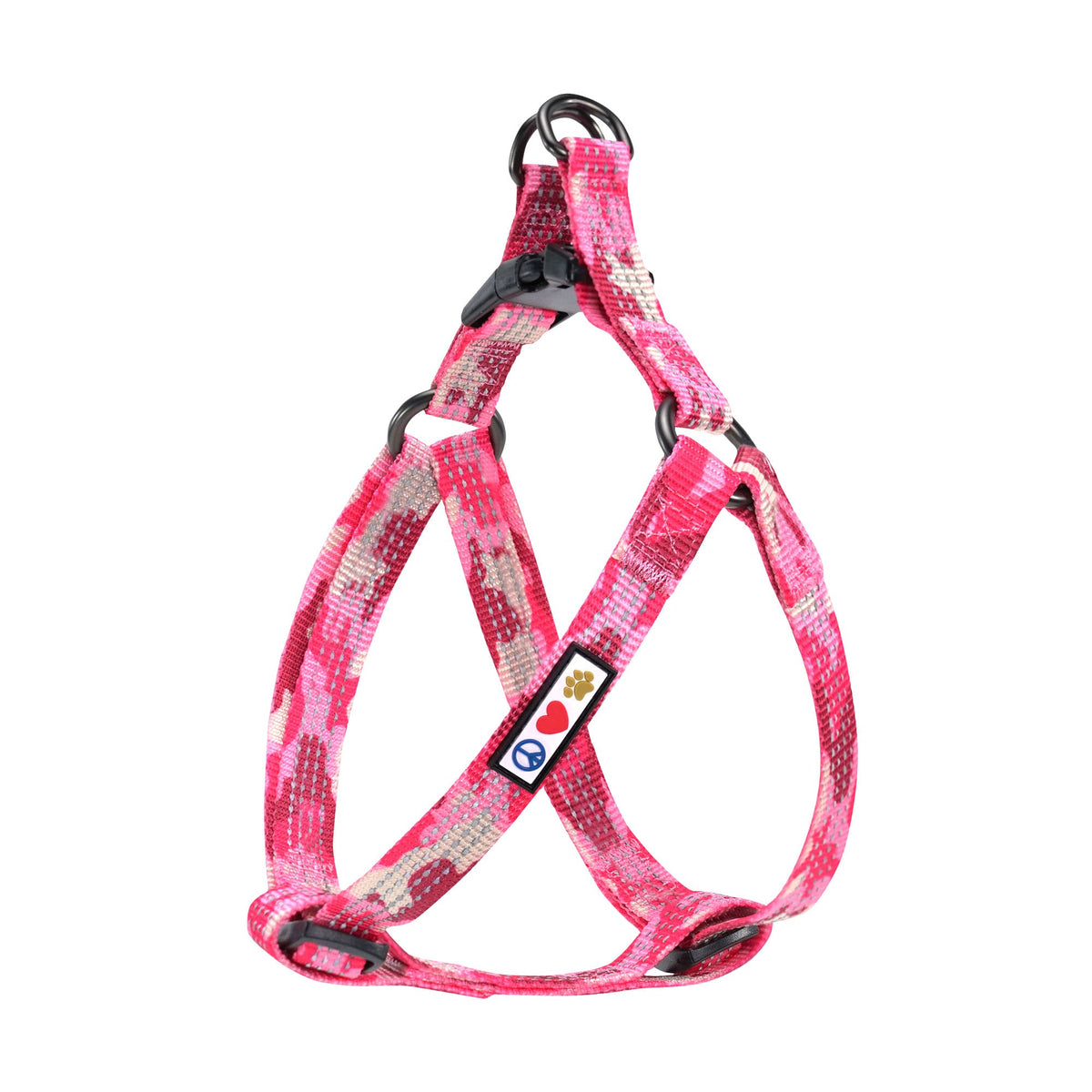 Pawtitas reflective step-in harness in pink camouflage improves evening visibility.