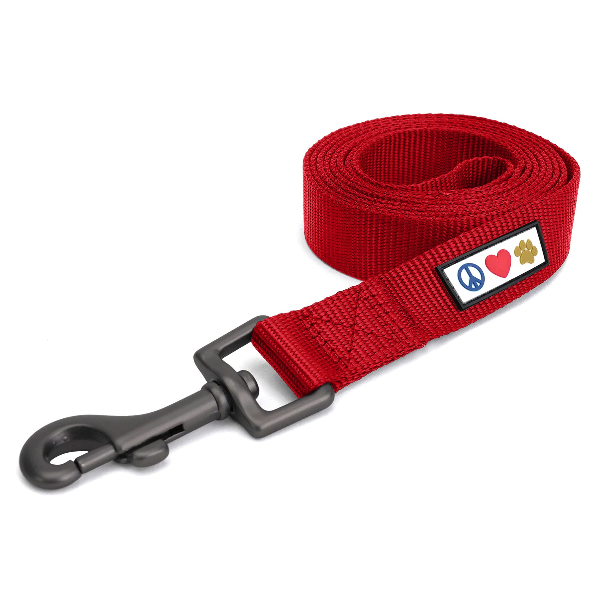 Pawtitas solid 6ft red dog leash embroidery close-up shows name and phone safety
