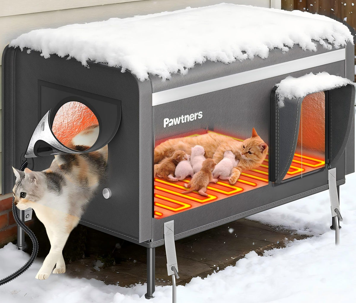 Pawtners 26inch heated cat house exterior provides durable weatherproof shelter for outdoor cats.