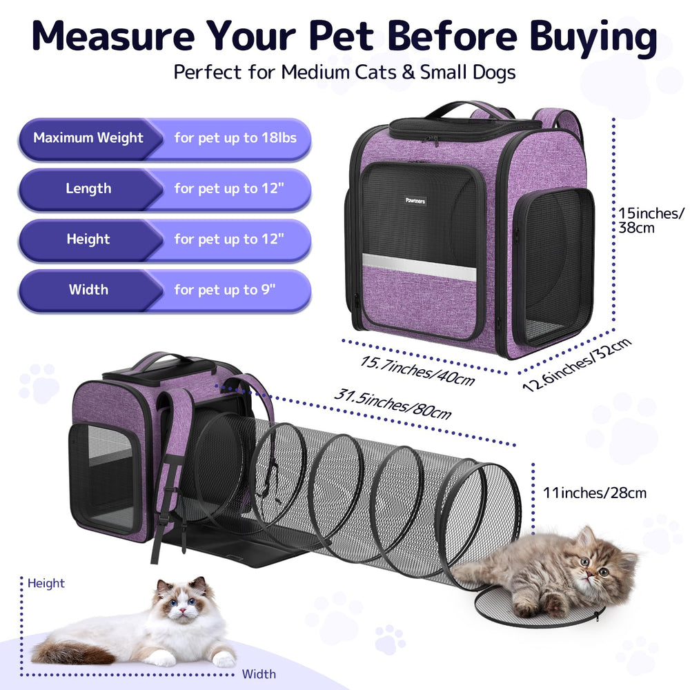 Pawtners cat backpack breathable-mesh emphasizes four-sided airflow for pet comfort.