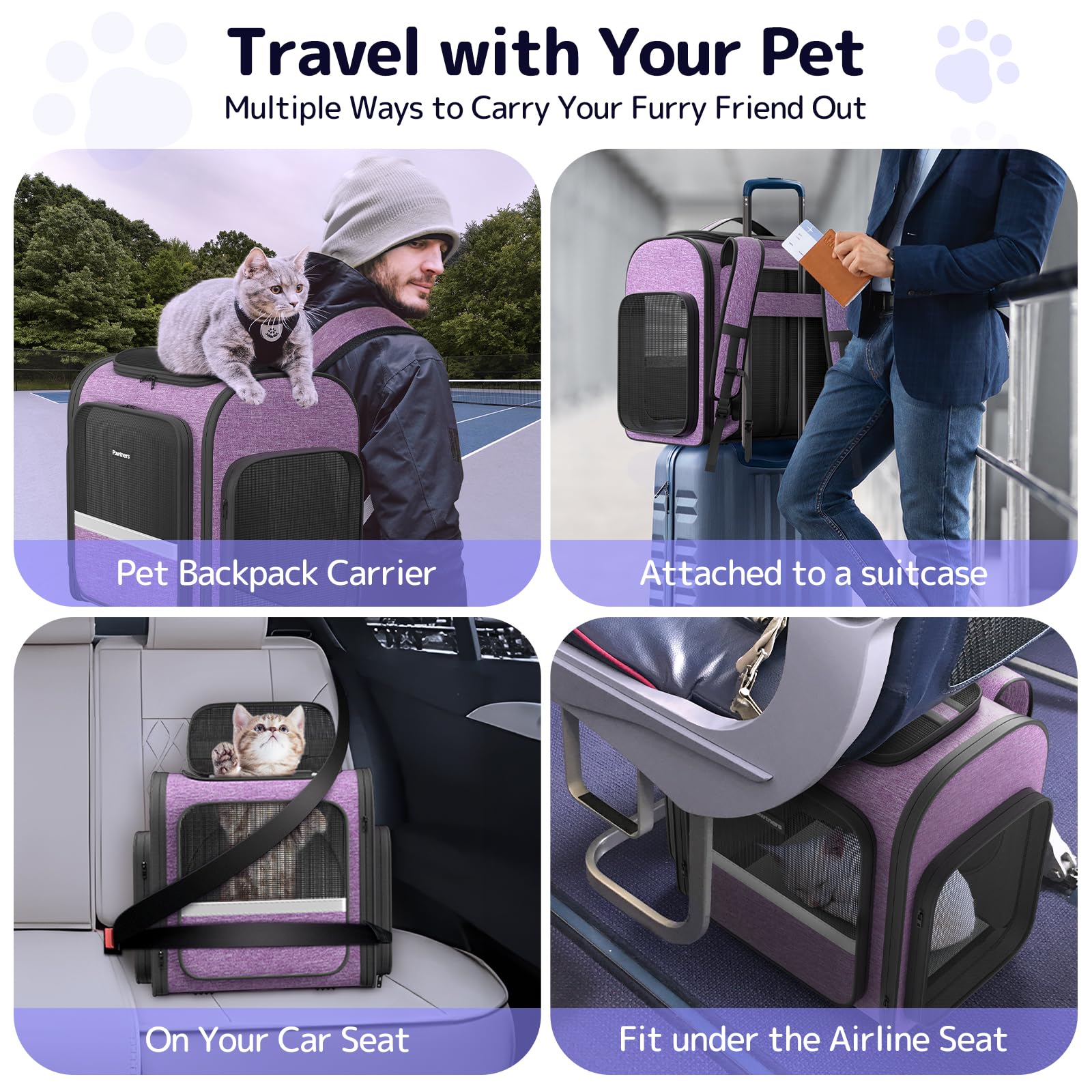 Pawtners cat backpack ergonomic-shoulder-straps highlights cushioned fit for longer journeys.