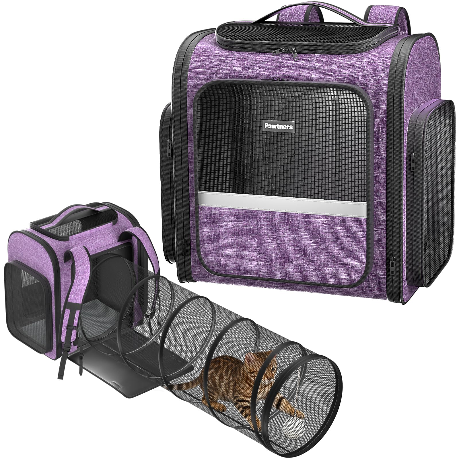 Pawtners cat backpack front view with breathable mesh for comfortable outdoor adventures.