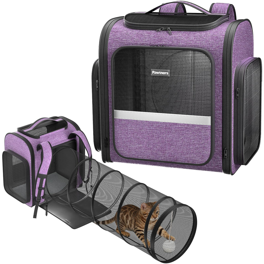 Pawtners cat backpack front view with breathable mesh for comfortable outdoor adventures.