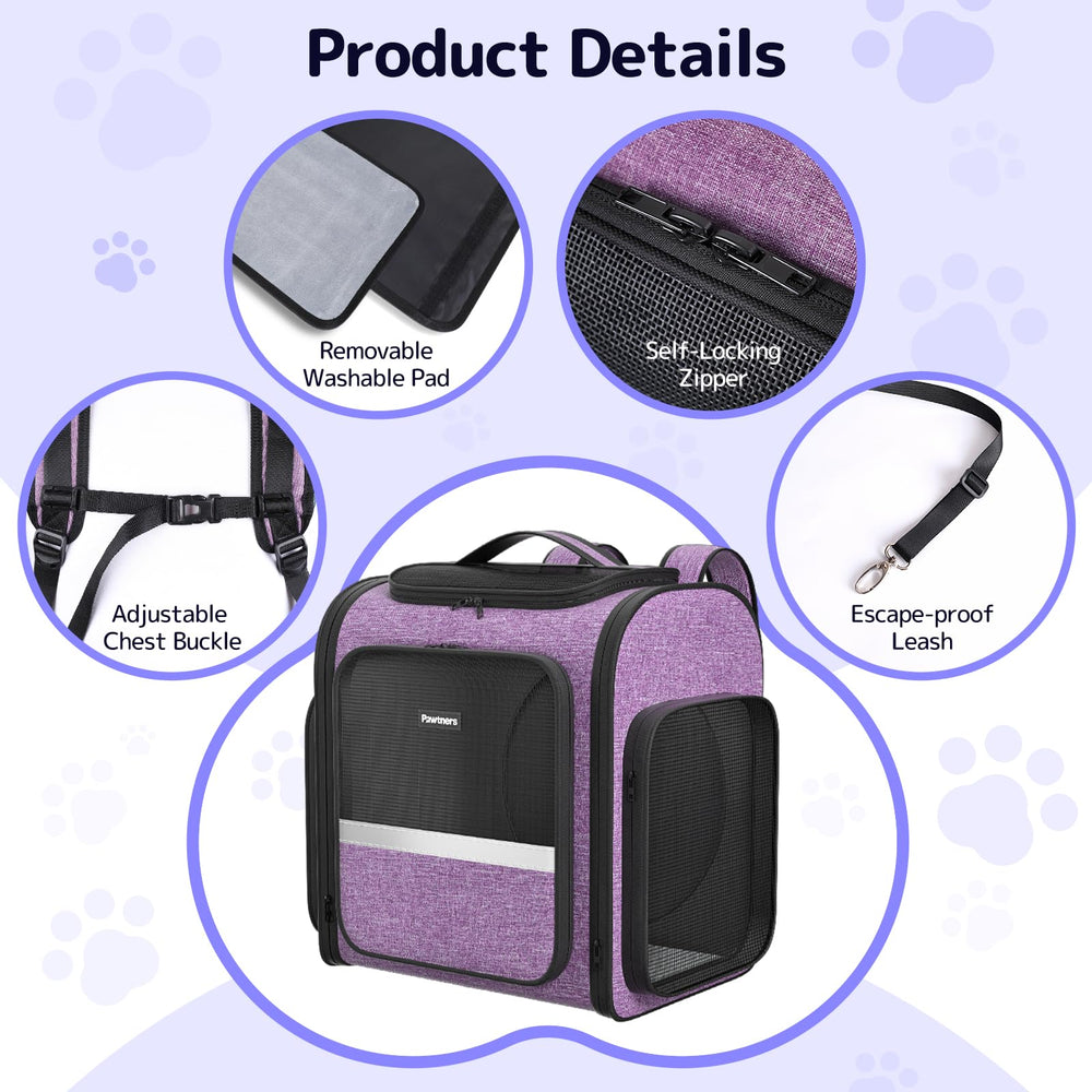 Pawtners cat backpack-in-use-travel depicts pet comfort during travel, hiking, camping.