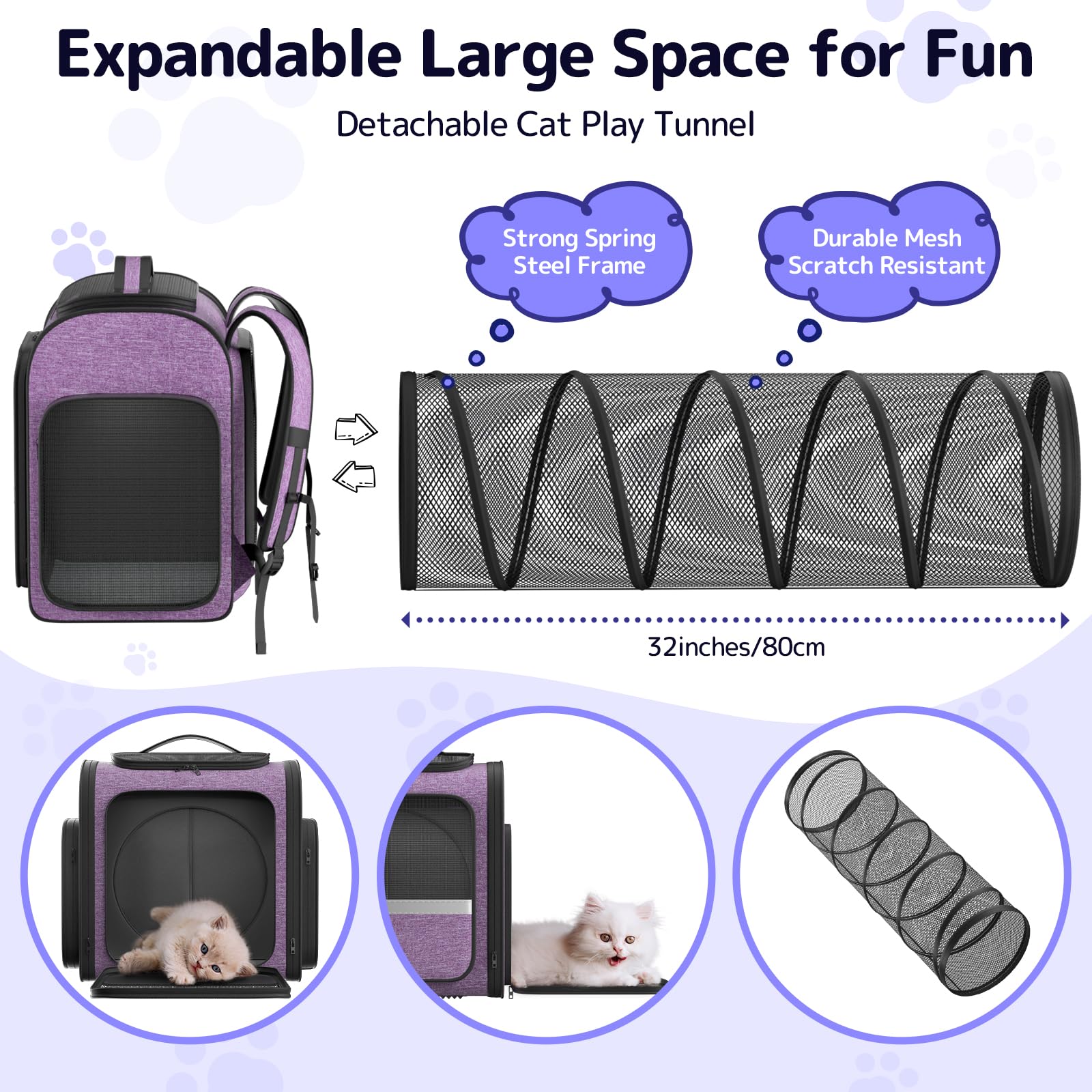 Pawtners cat backpack tunnel extended showing extra space for play breaks on trips.