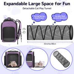 Pawtners cat backpack tunnel extended showing extra space for play breaks on trips.