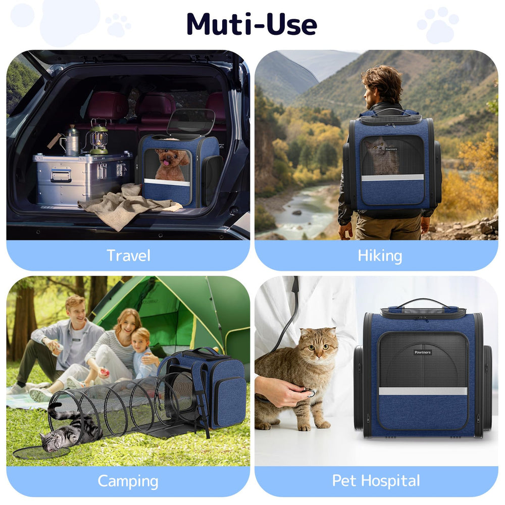 Pawtners cat carrier backpack detachable tunnel for play and expansion.