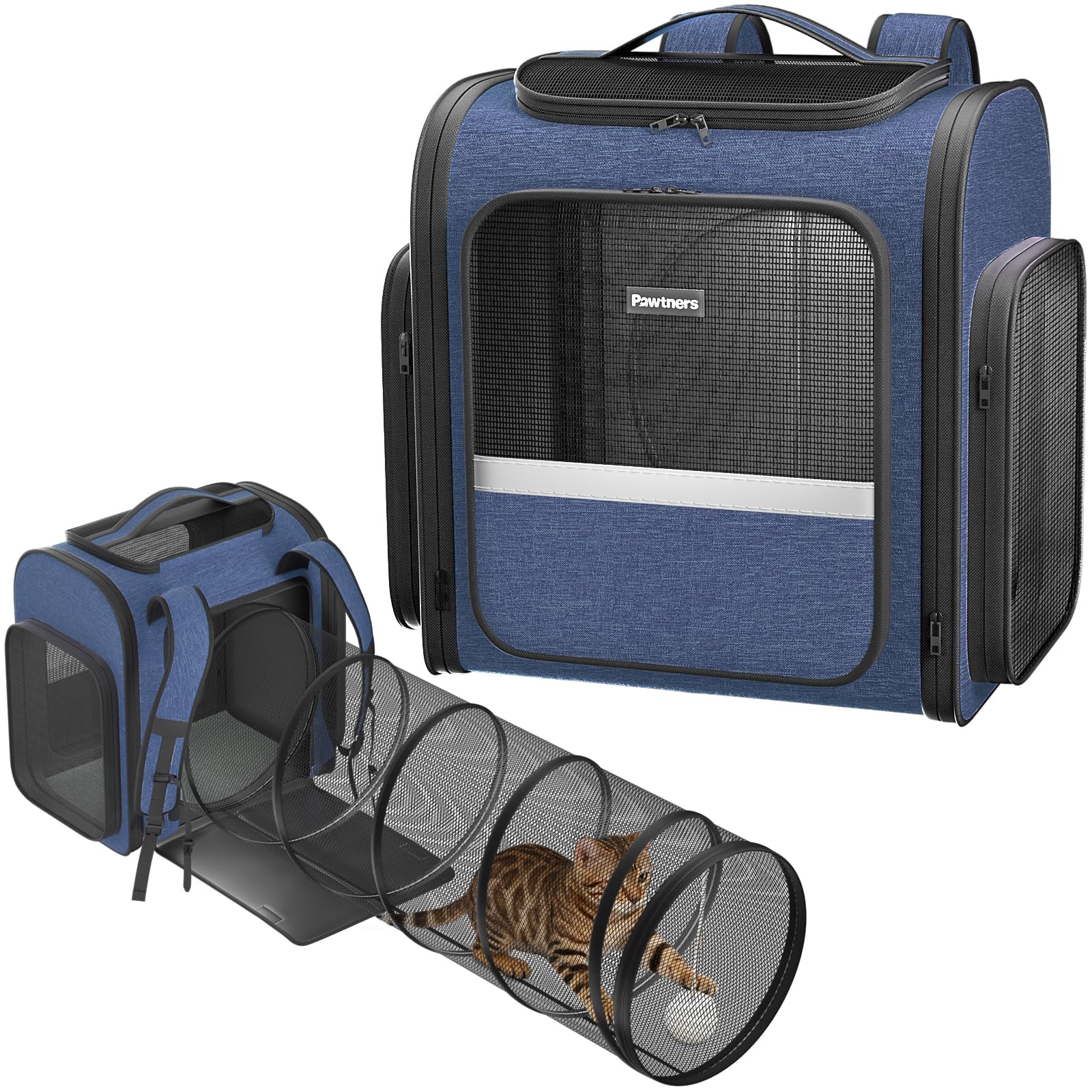 Pawtners cat carrier backpack expandable tunnel design offering extra space for play and rest.