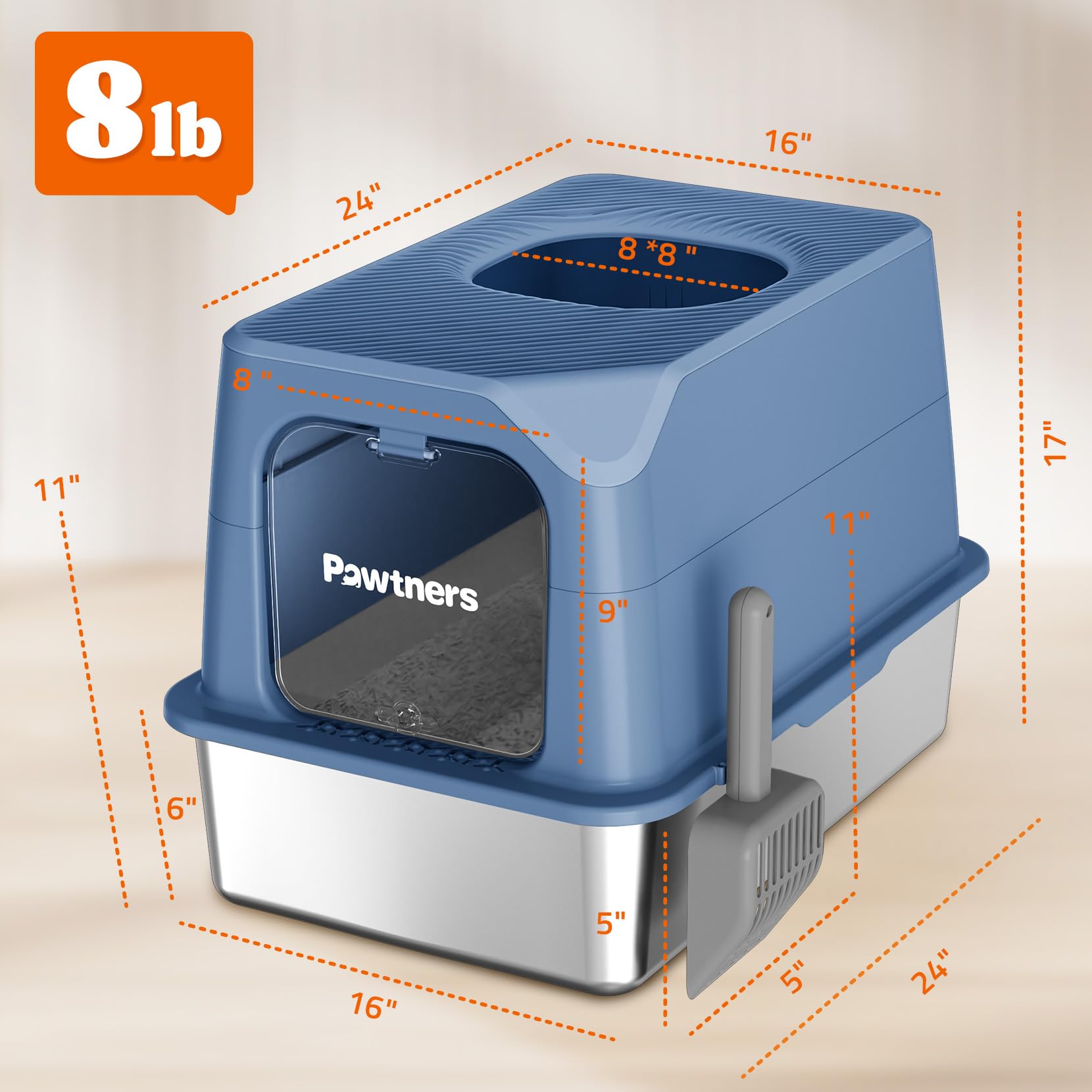 Pawtners cat litter box easy clean emphasizes non-stick surface for fast cleanup.