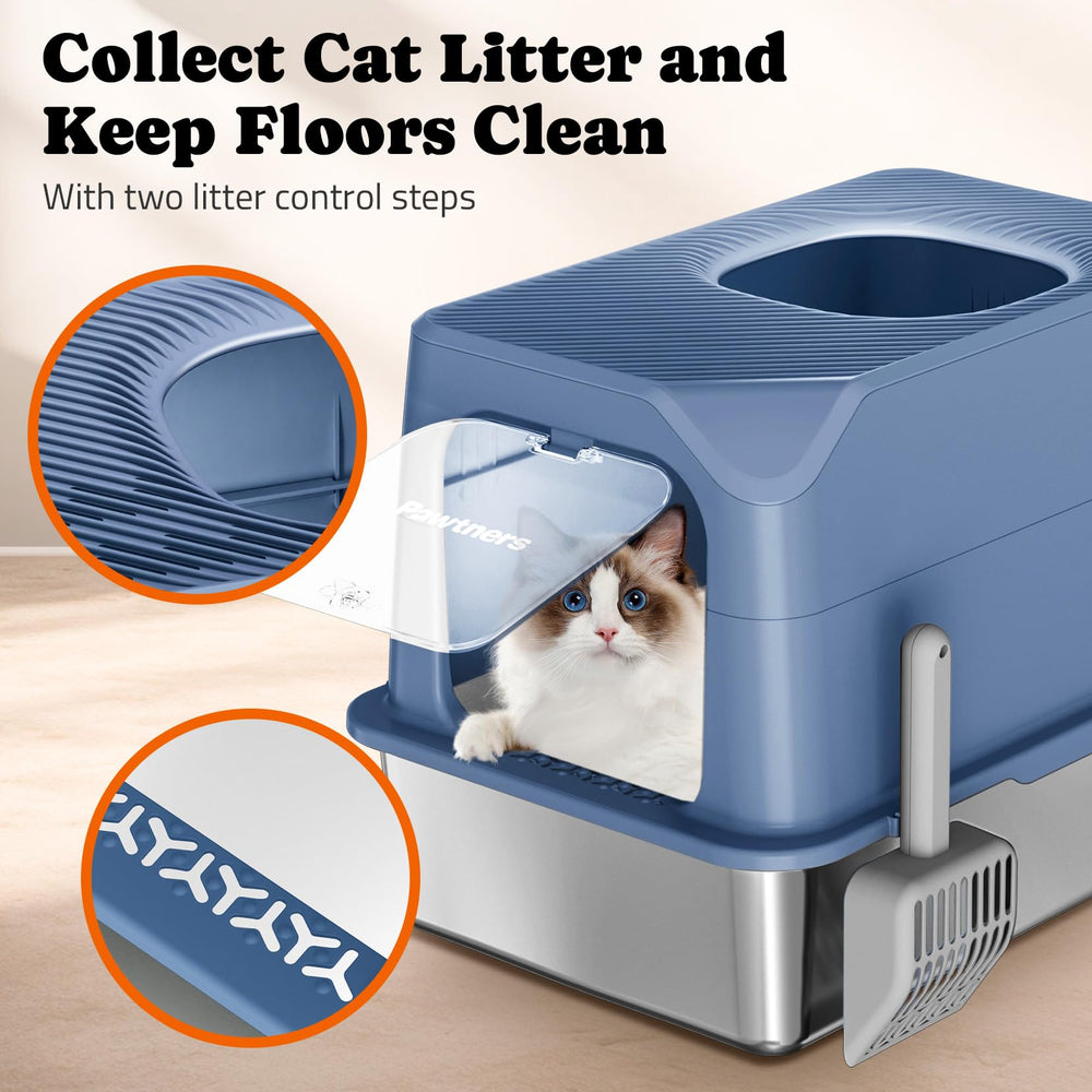 Pawtners cat litter box enclosed design highlights privacy and odor containment.
