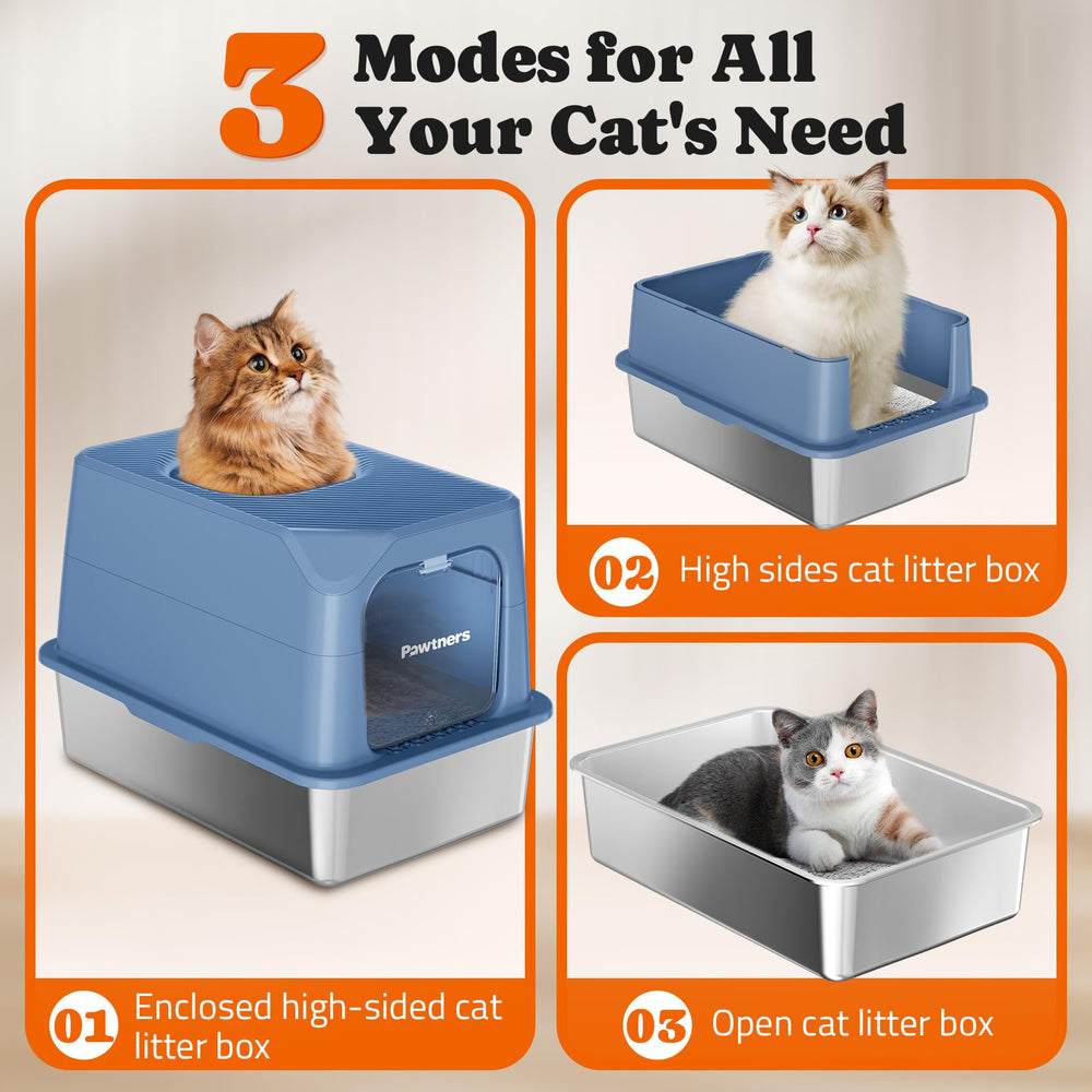 Pawtners cat litter box front entry highlights convenient access and odor containment.