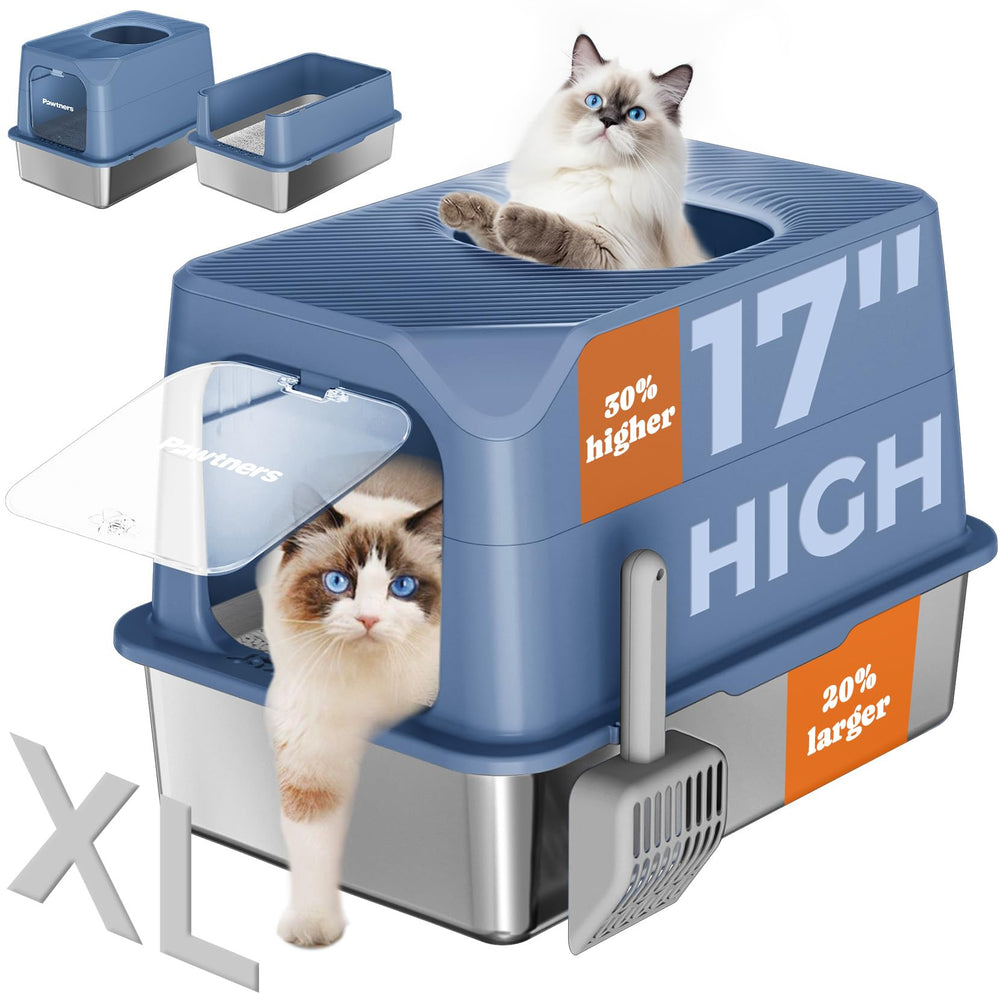Pawtners cat litter box lid on highlights sturdy metal construction for durability.