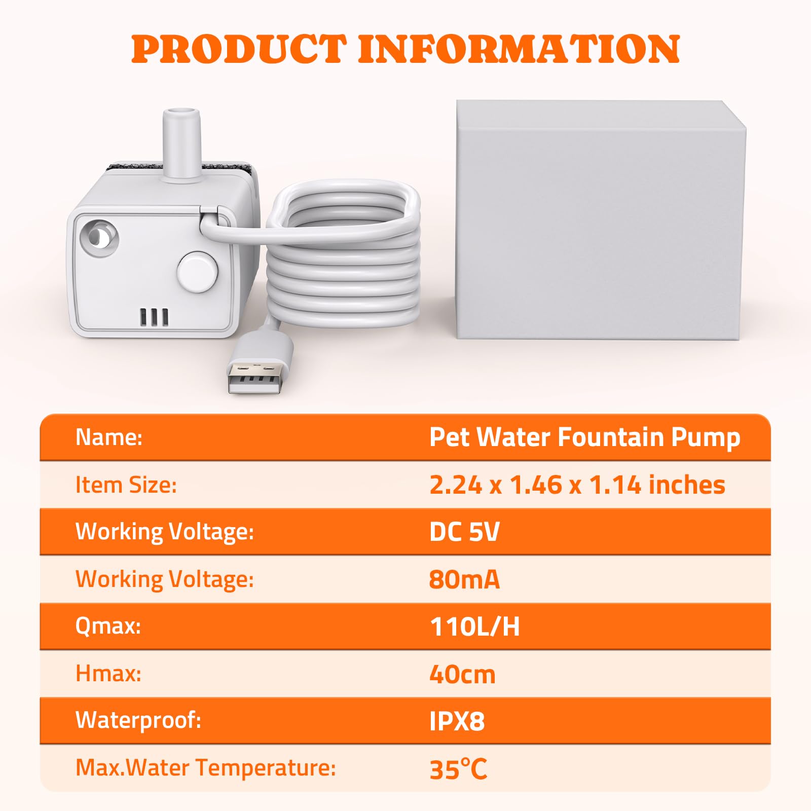 Pawtners cat fountain pump cord-detail image highlights DC5V, 80mA energy-efficient operation.