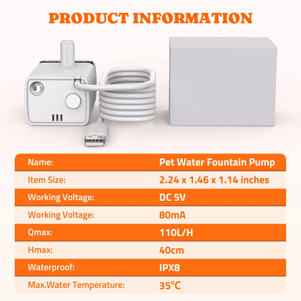 Pawtners cat fountain pump cord-detail image highlights DC5V, 80mA energy-efficient operation.