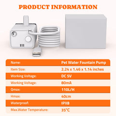 Pawtners cat fountain pump cord-detail image highlights DC5V, 80mA energy-efficient operation.