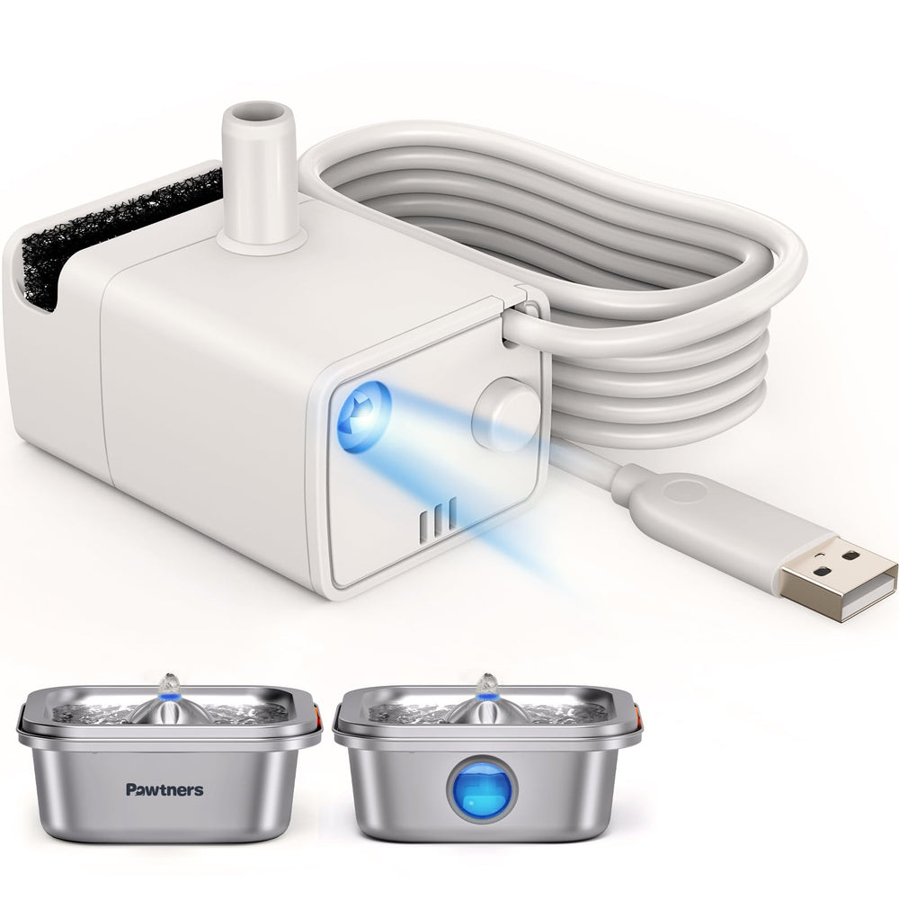 Pawtners cat fountain pump side view highlighting compact size for quick replacement and steady flow.