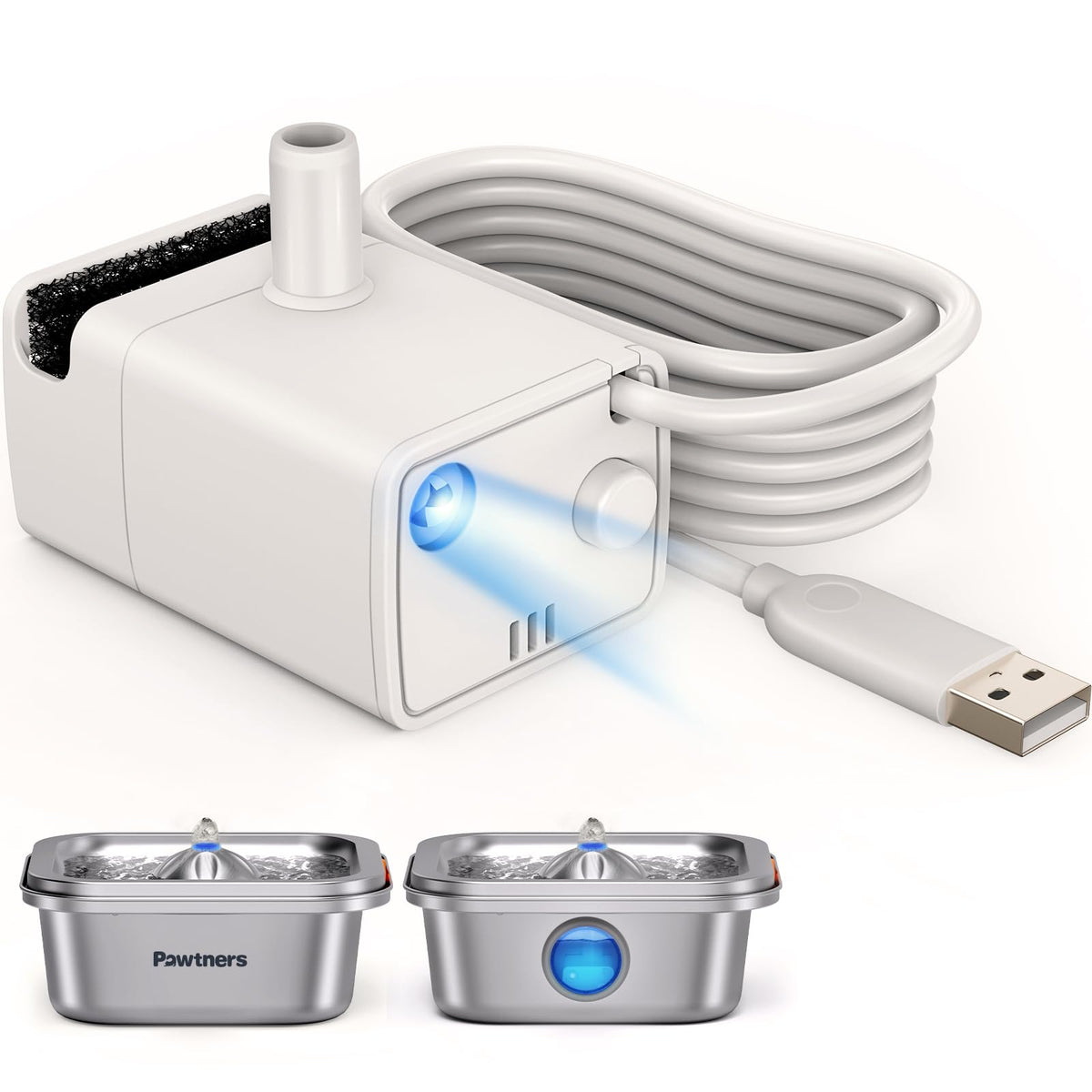 Pawtners cat fountain pump side view highlighting compact size for quick replacement and steady flow.