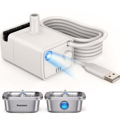 Pawtners cat fountain pump side view highlighting compact size for quick replacement and steady flow.