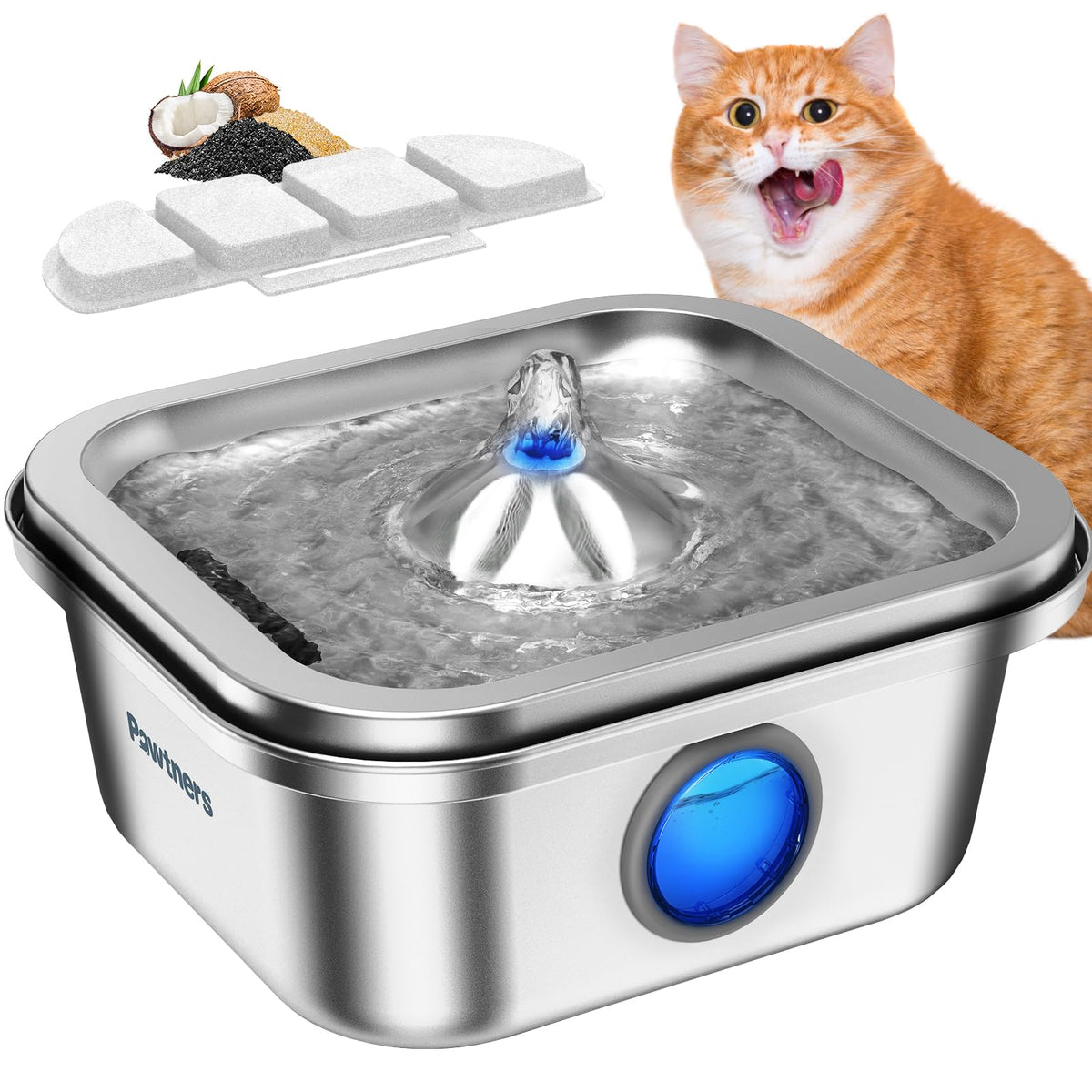 Pawtners cat water fountain front view highlights stainless steel build for durable, safe hydration.