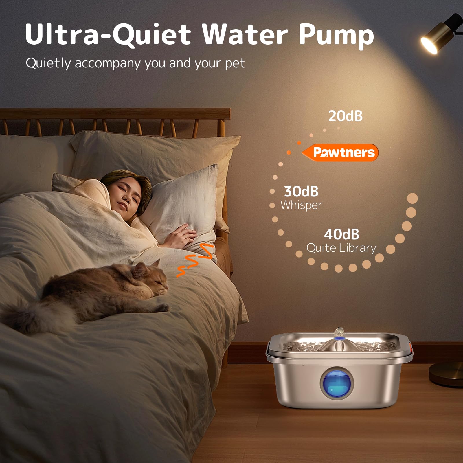 Pawtners cat water fountain quad filtration image highlights odor reduction and cleaner water.
