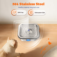 Pawtners cat water fountain with water level window shows easy monitoring and refill cues.
